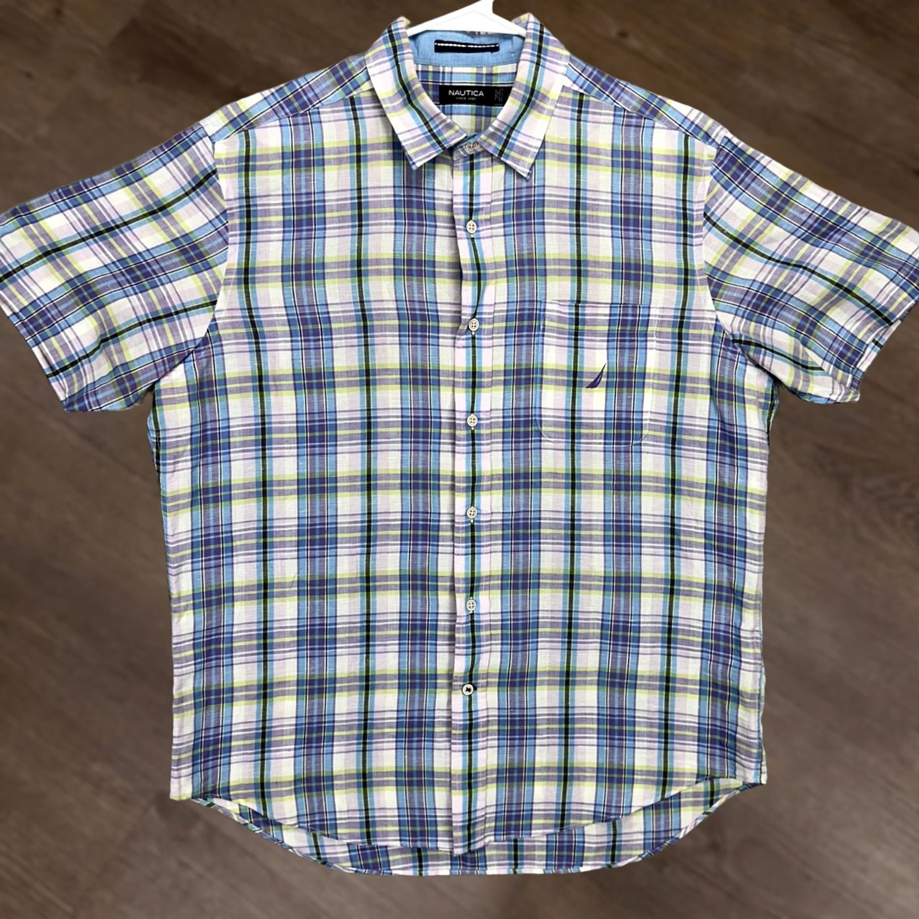 Nautica Nautica Button-Up Shirt Men Large Purple Blue Plaid Short Sleeve Linen Blend Cotton Linen Microfiber Breathable Button-Down Collared Pocket? Size US L / EU 52-54 / 3 - 1 Thumbnail