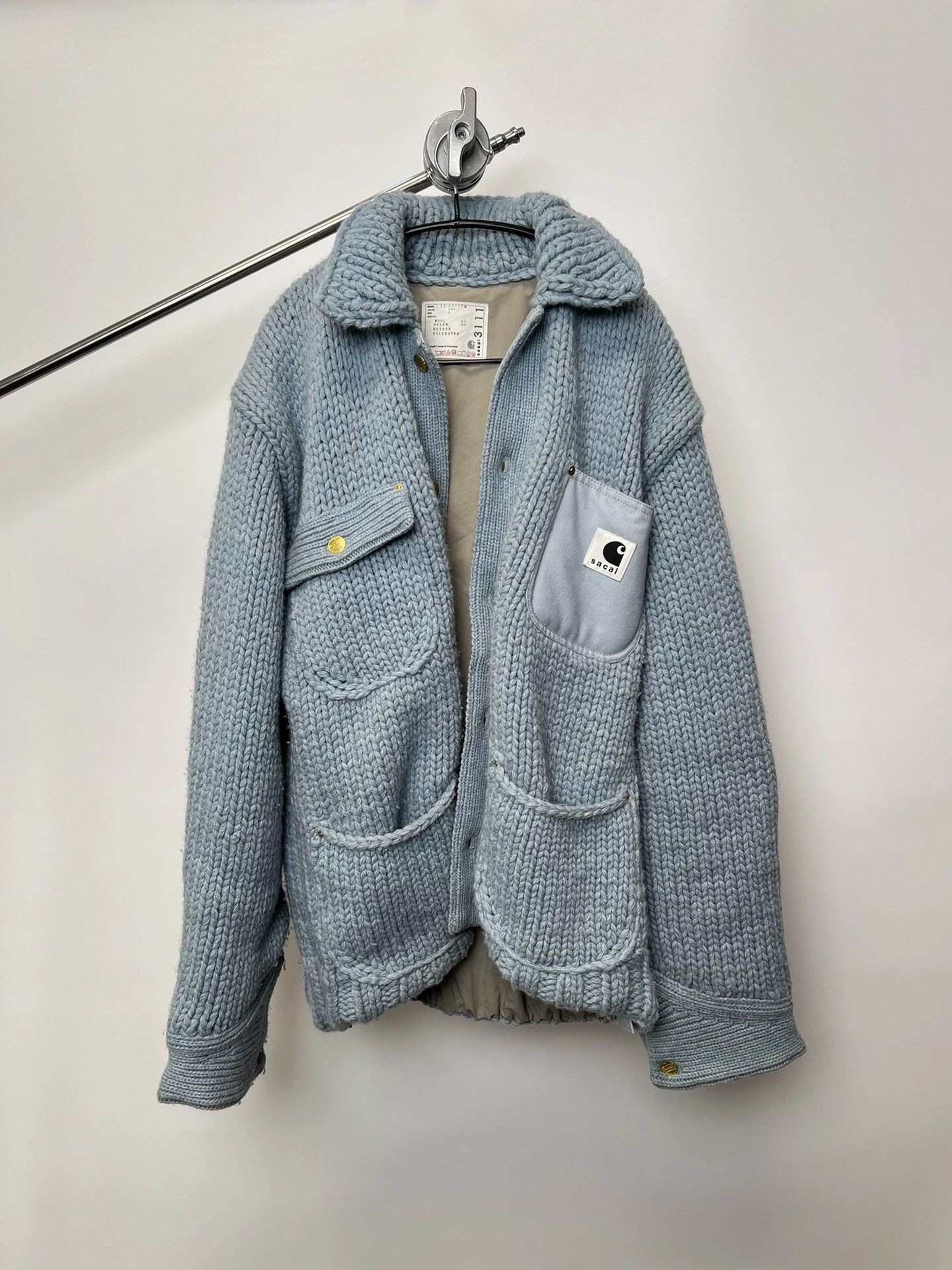 Sacai Blue Knit Collared Jacket with Pockets Size US L / EU 52-54 / 3 - 1 Thumbnail