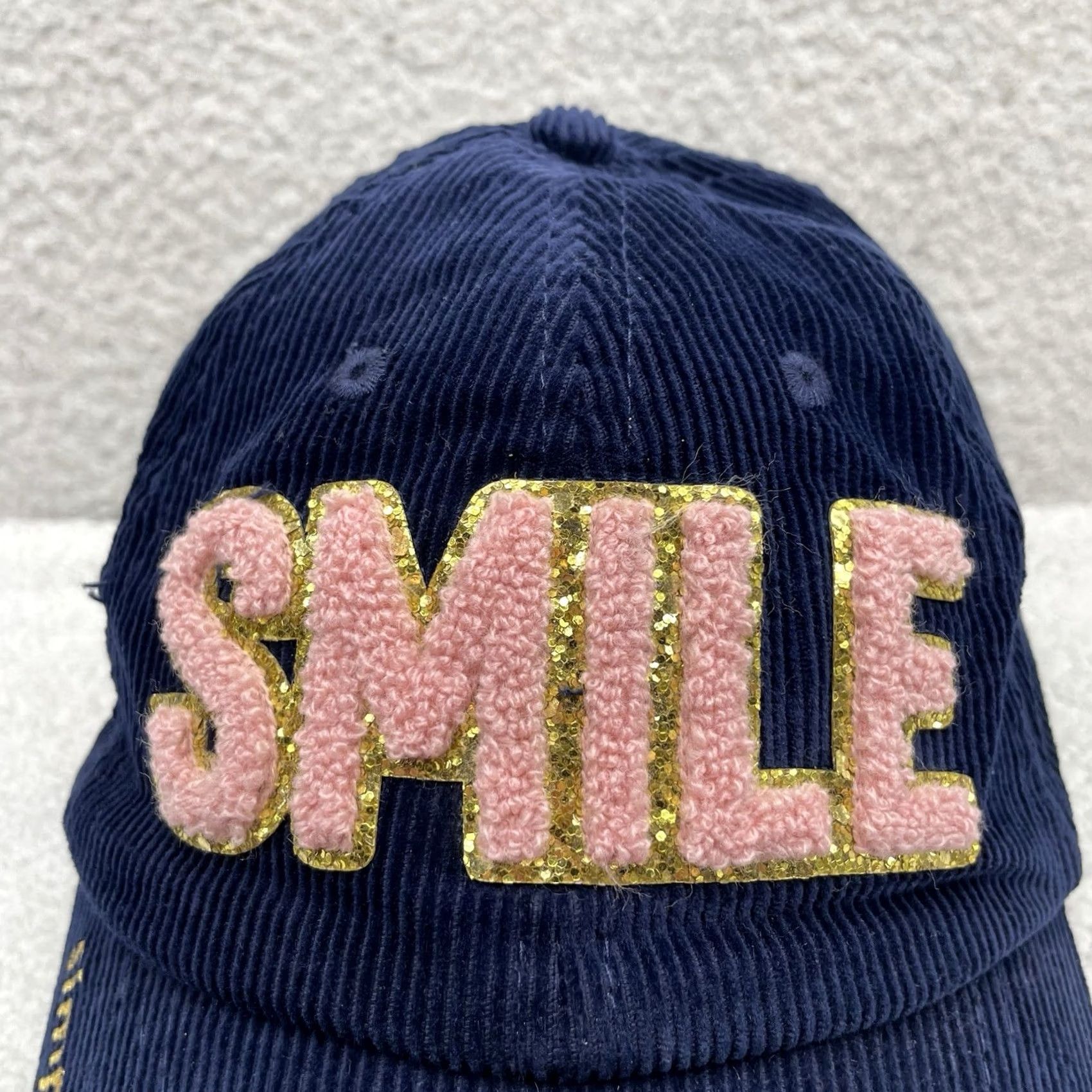 Vintage Simply Southern Corduroy Hat Womens Navy Blue SMILE Chenille Sequins Preppy Cute Hat Size ONE SIZE - 4 Thumbnail