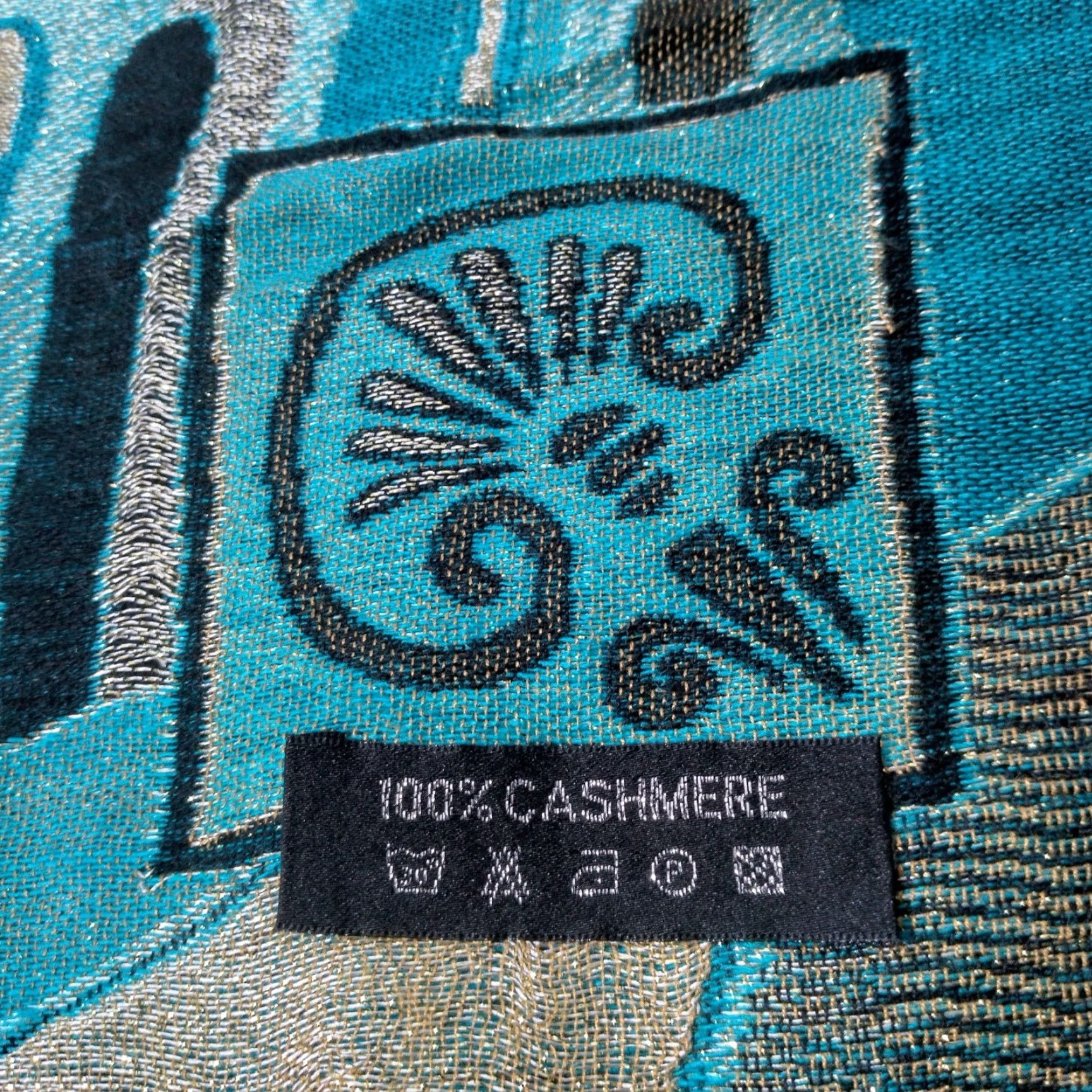 Vintage VINTAGE Cashmere Scarf Woven Turquoise Blue Black Metallic Gold Artsy Boho Wrap Fringe Unisex 75.5x27 Inches Size ONE SIZE - 2 Thumbnail