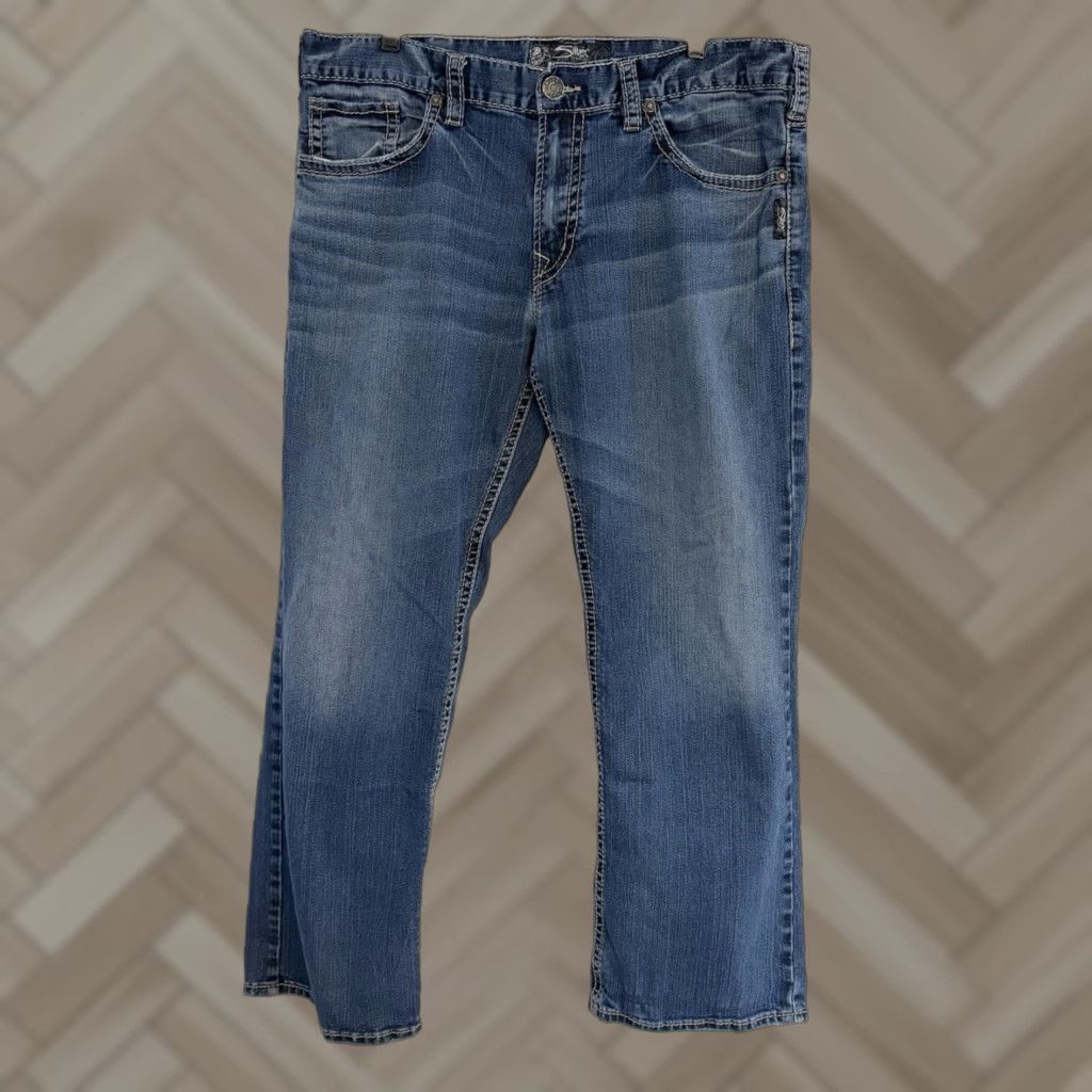 Silver Jeans Co. Silver Jeans Zac Relaxed Straight Leg Dark Wash Denim Jeans 38x30 Men's 5-Pocket Blue Zac Model Thick Stitch Regular Rise Mid-Blue Leather? Size US 38 / EU 54 - 1 Thumbnail