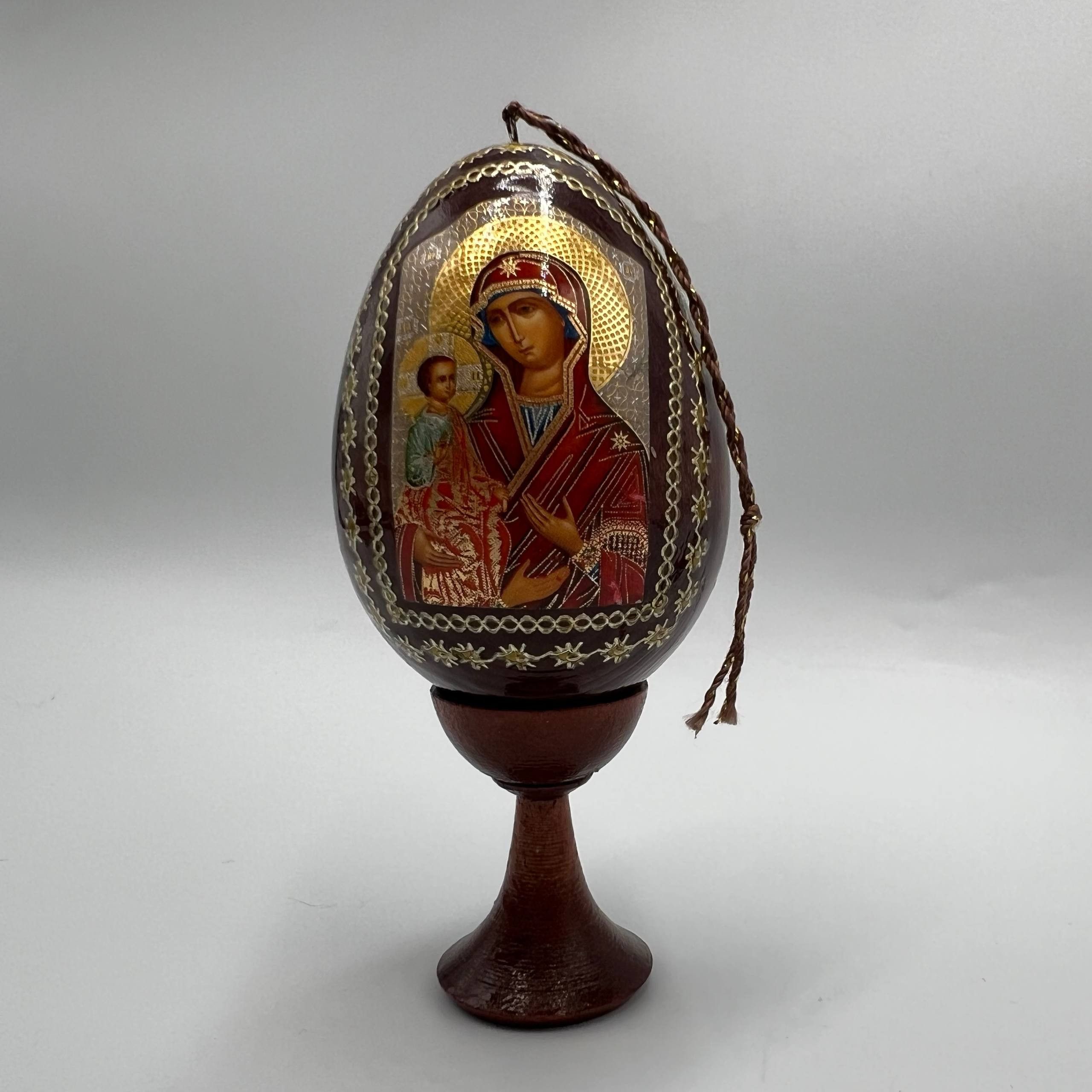 Vintage Wooden Christian Egg Icon Virgin Mary Hand-Painted