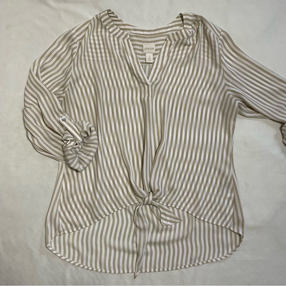 Chicos Chico's Striped Long Sleeve Front Tie Blouse Size 2 US L Size L / US 10 / IT 46 - 6 Thumbnail