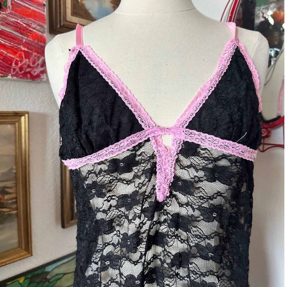 Other just sexy black pink floral lace tank top slip Size L / US 10 / IT 46 - 2 Thumbnail