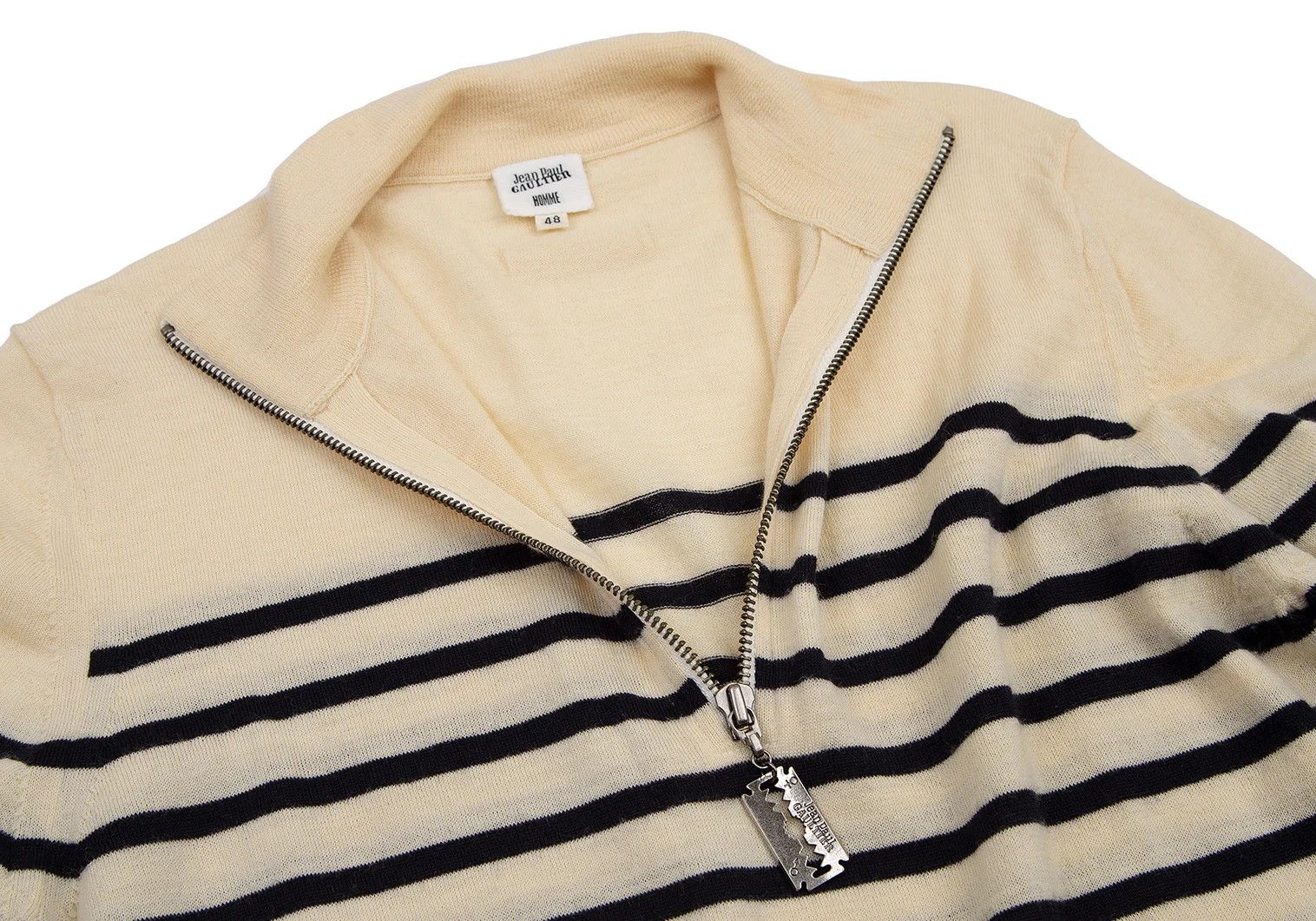 Jean Paul Gaultier Half-Zip Knit with Marine Stripe in Beige and Navy, Size 48 Size US M / EU 48-50 / 2 - 5 Thumbnail