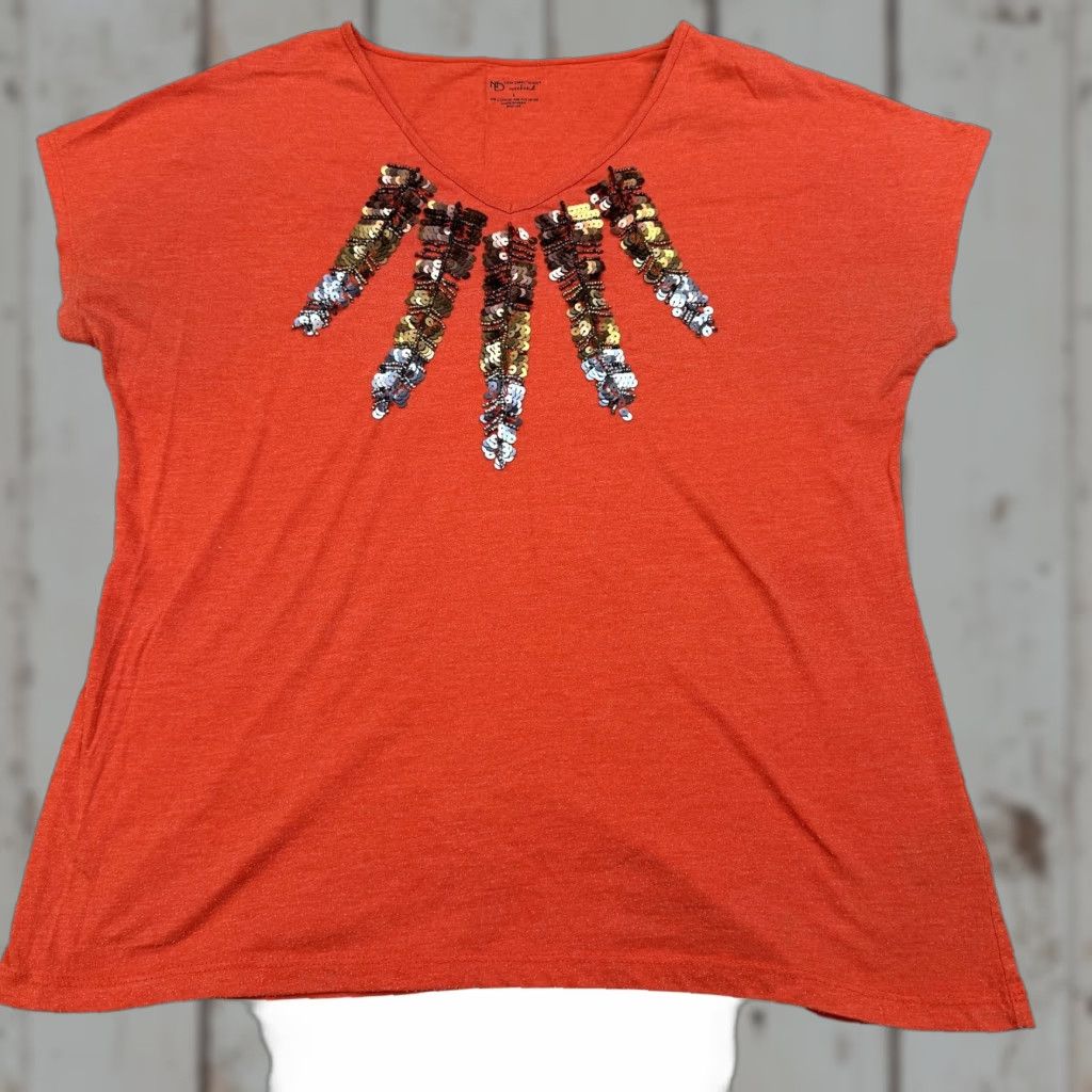 Vintage New Directions Weekend Shirt Womens Large Orange Sequin V-Neck Dolman Knit Top Size L / US 10 / IT 46 - 1 Thumbnail