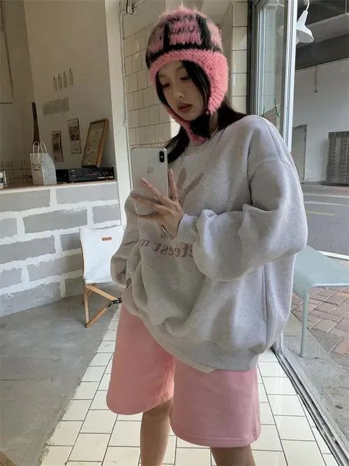 Image of Vintage Hikosaka Fashion Sweet Cartoon Printed Hoodie Women in Grey