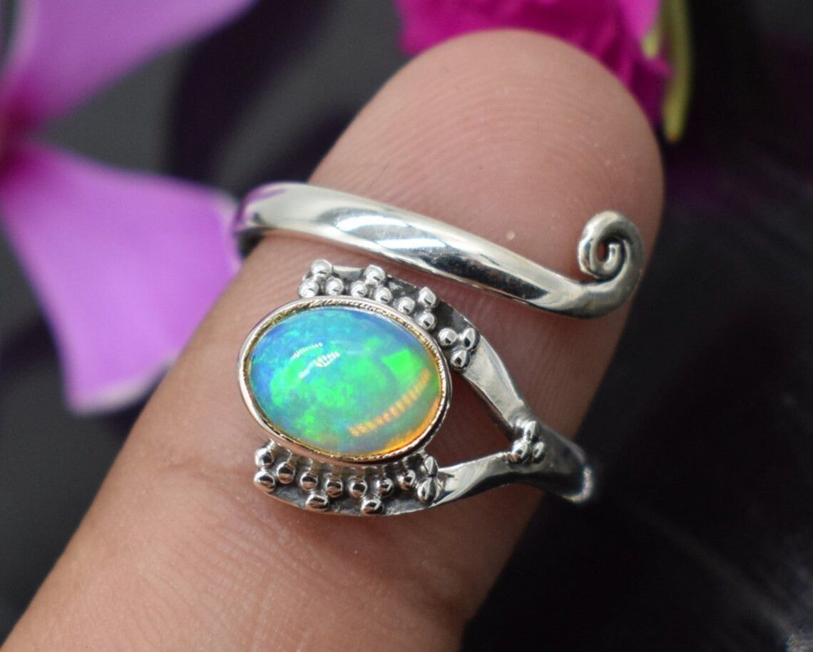 Handmade Adjustable Ethiopian Opal Ring: Handmade 925 Sterling Silver Size ONE SIZE - 2 Thumbnail