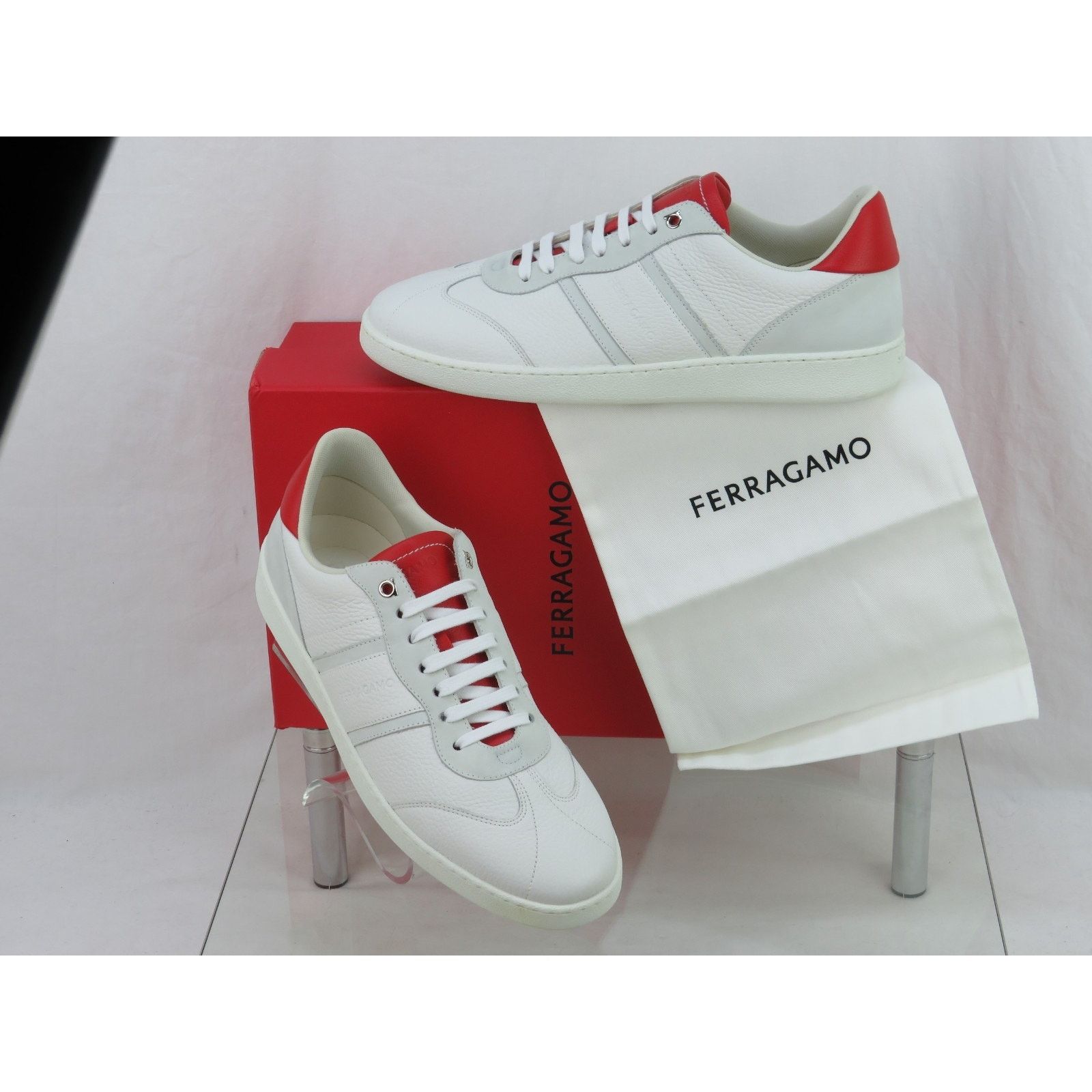 Salvatore Ferragamo FERRAGAMO ACHILLE WHITE RED LEATHER LOGO SNEAKERS 11.5 ITALY Size US 11.5 / EU 44-45 - 3 Thumbnail