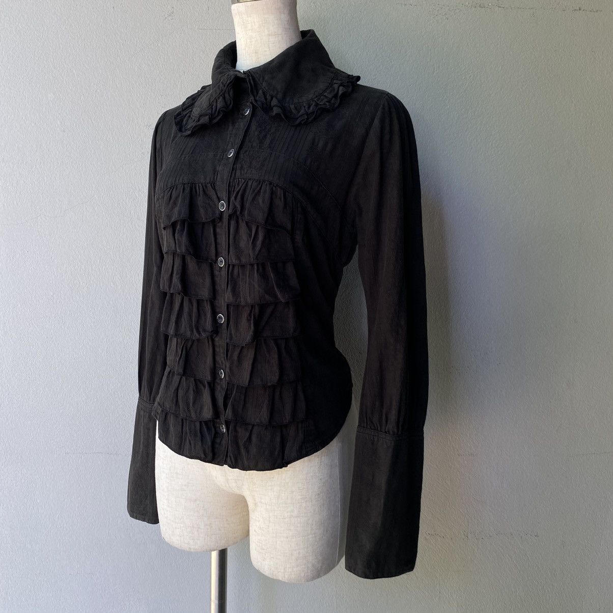 Japanese Brand PEACE NOW Y2K Punk Black Ruffled Long Sleeve Blouse Size M / US 6-8 / IT 42-44 - 2 Thumbnail