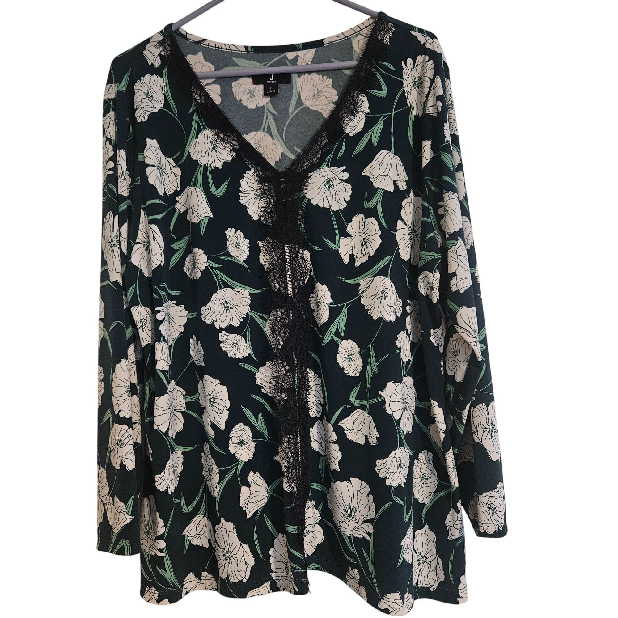 Jason Wu Jason Wu Women Floral LaceTrim Blouse XL Black Green Whimsyg Size XL / US 12-14 / IT 48-50 - 2 Thumbnail