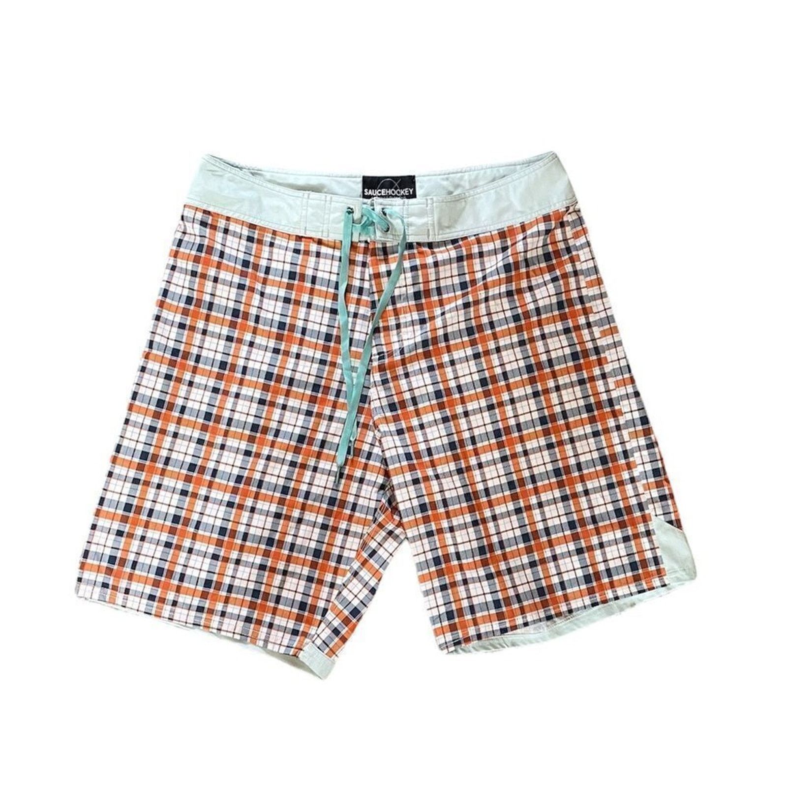 Other Sauce Mens Swim Board Shorts Trunks Blue Orange Plaid Size US 34 / EU 50 - 1 Thumbnail