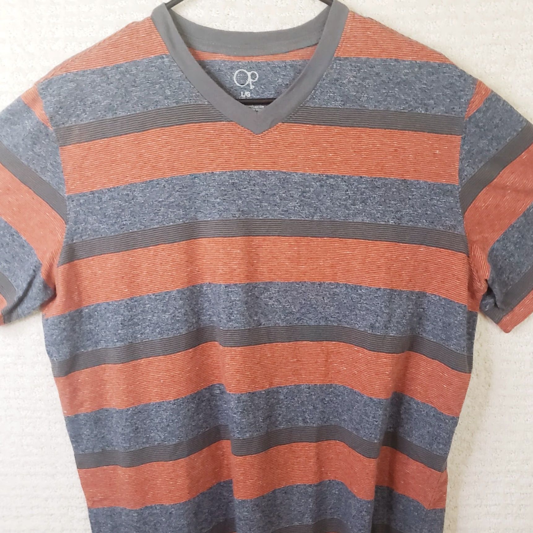 Ocean Pacific VINTAGE Ocean Pacific Shirt Mens L Gray Orange Striped Crew Neck Short Sleeve Logo Jersey Cotton Polyester All Seasons Beach Size US L / EU 52-54 / 3 - 2 Thumbnail