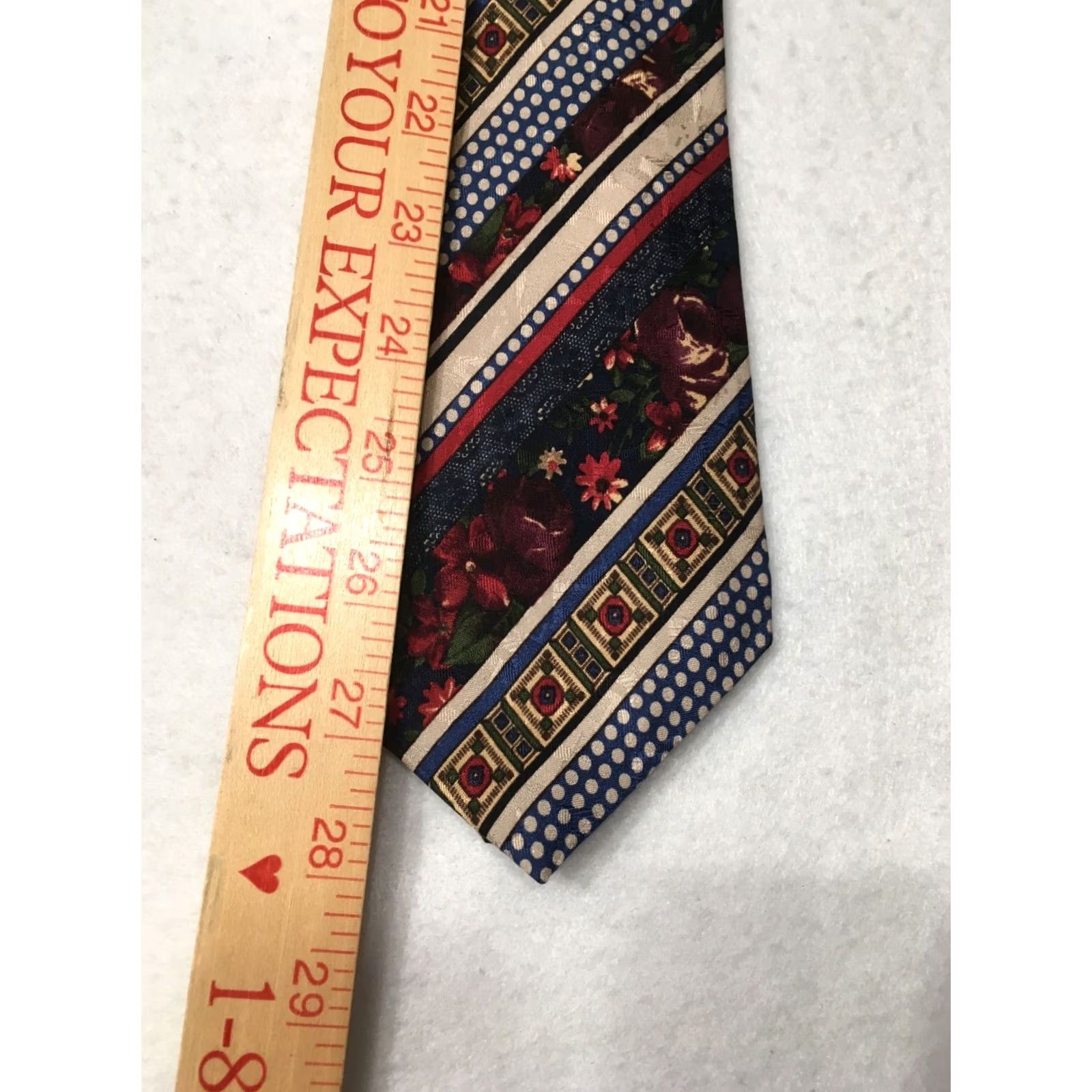 Vintage VINTAGE streets ltd. design Tie Blue w/ Red Floral Geometric 3-" W Silk Mens Size ONE SIZE - 6 Thumbnail