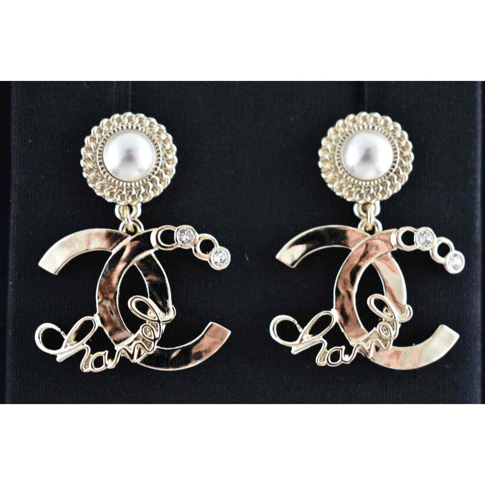 Chanel Chanel Gold Crystal Pearl White Dangle Statement Earrings Size ONE SIZE - 3 Thumbnail