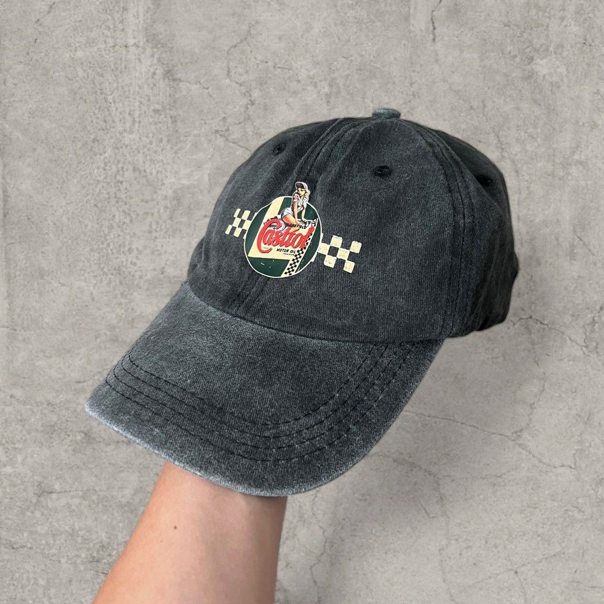 90s vintage style cap, Castrol Oil car, black. One size