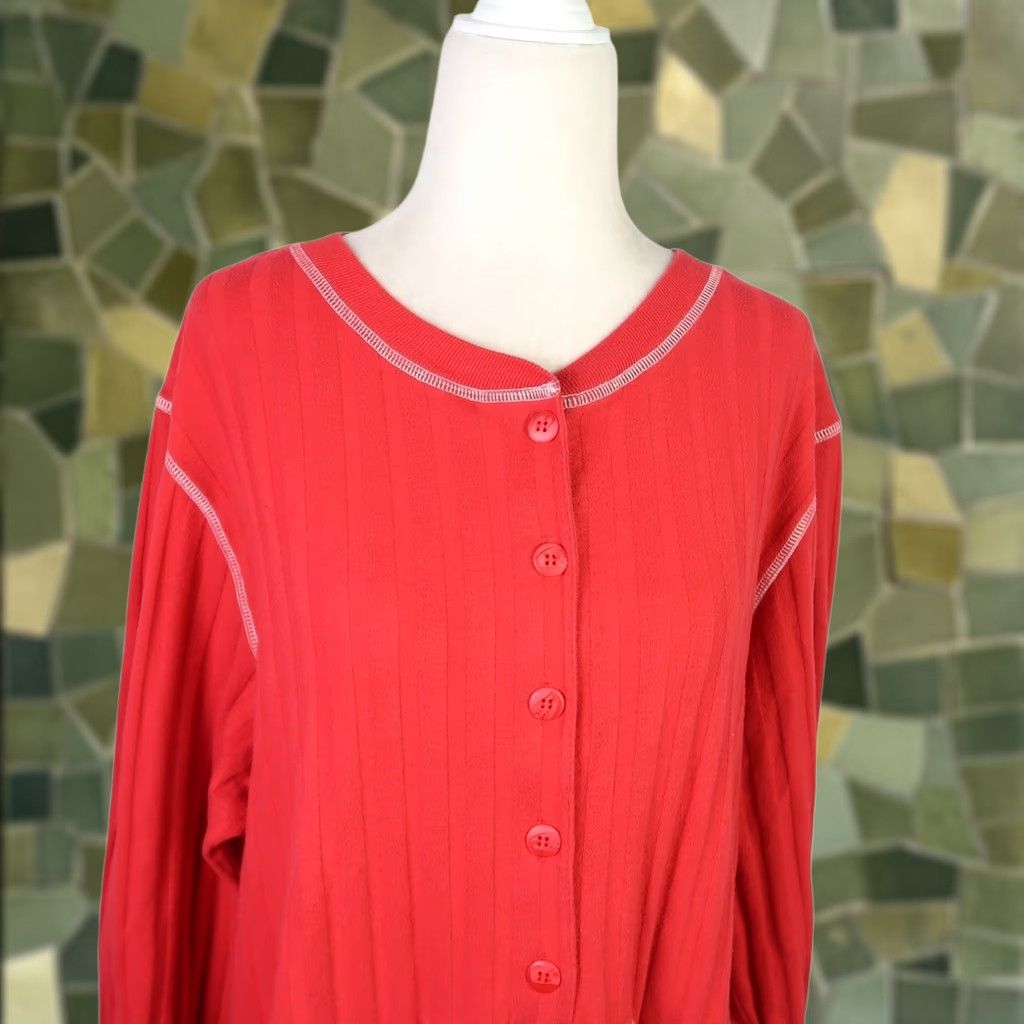 Vintage VINTAGE Body Drama Red Ribbed Knit Midi Night Dress Sleepwear Dress Long Sleeve L Womens Cotton Polyester Nightwear 46" Length Size L / US 10 / IT 46 - 1 Thumbnail