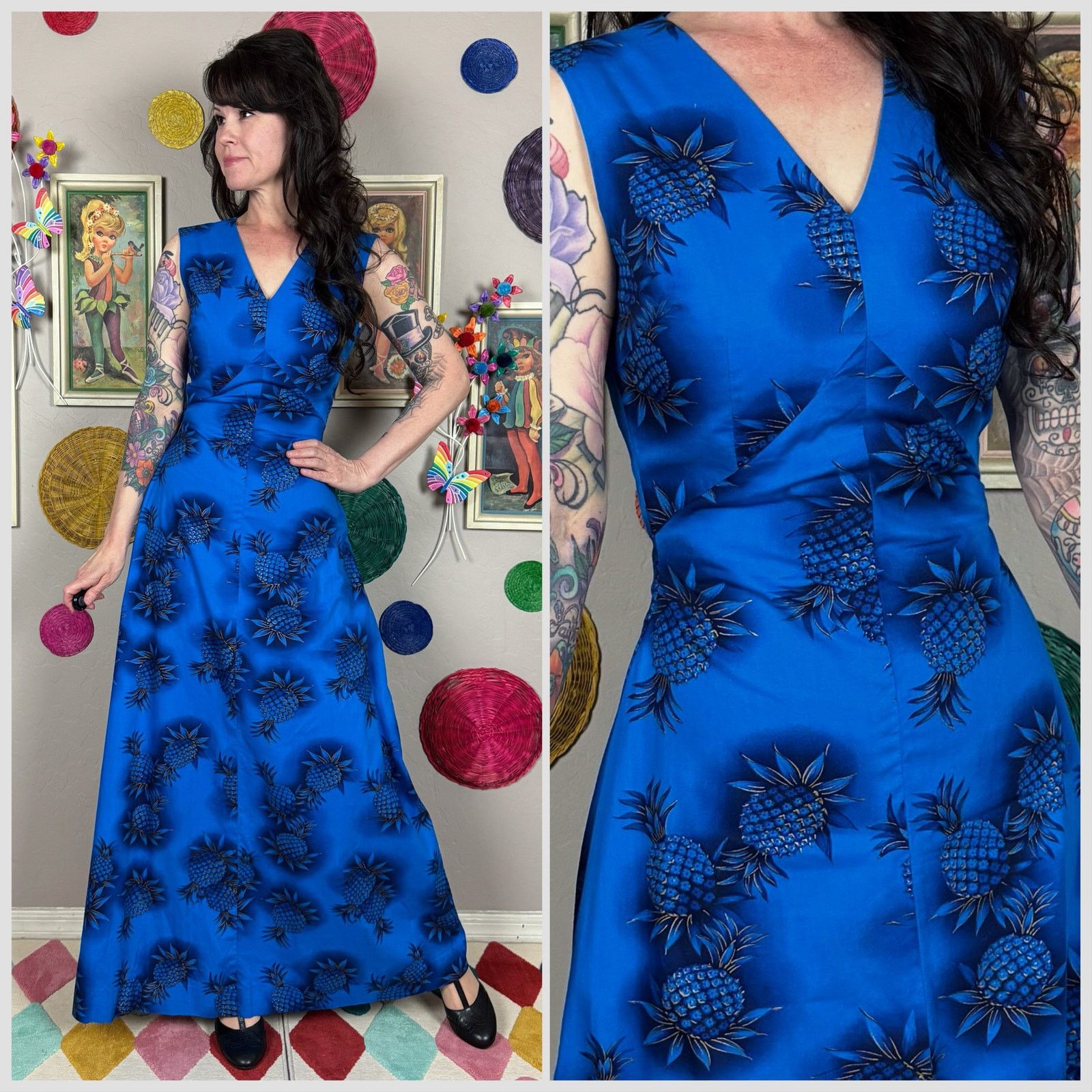 Vintage Vintage 1950s Blue and Gold Pineapple Print Tiki Maxi Dress Size S / US 4 / IT 40 - 1 Thumbnail