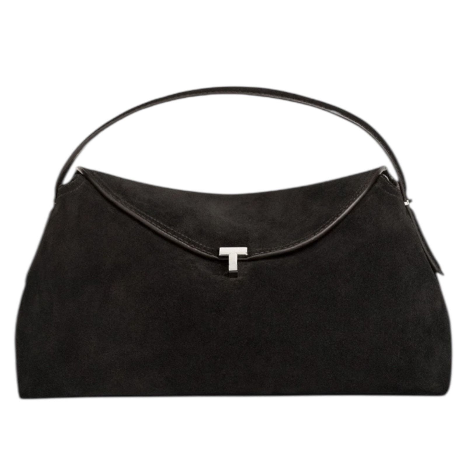 Toteme T Lock Suede Top Handle Satchel Bag Black Silver, Women's