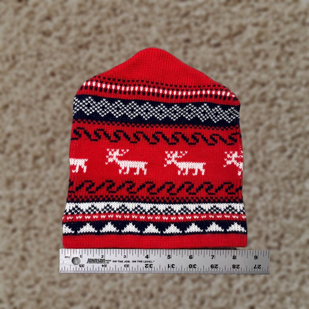 Vintage Red Knit Fair Isle Beanie Hat Adult One Size Ski Theme Mens Size ONE SIZE - 1 Thumbnail
