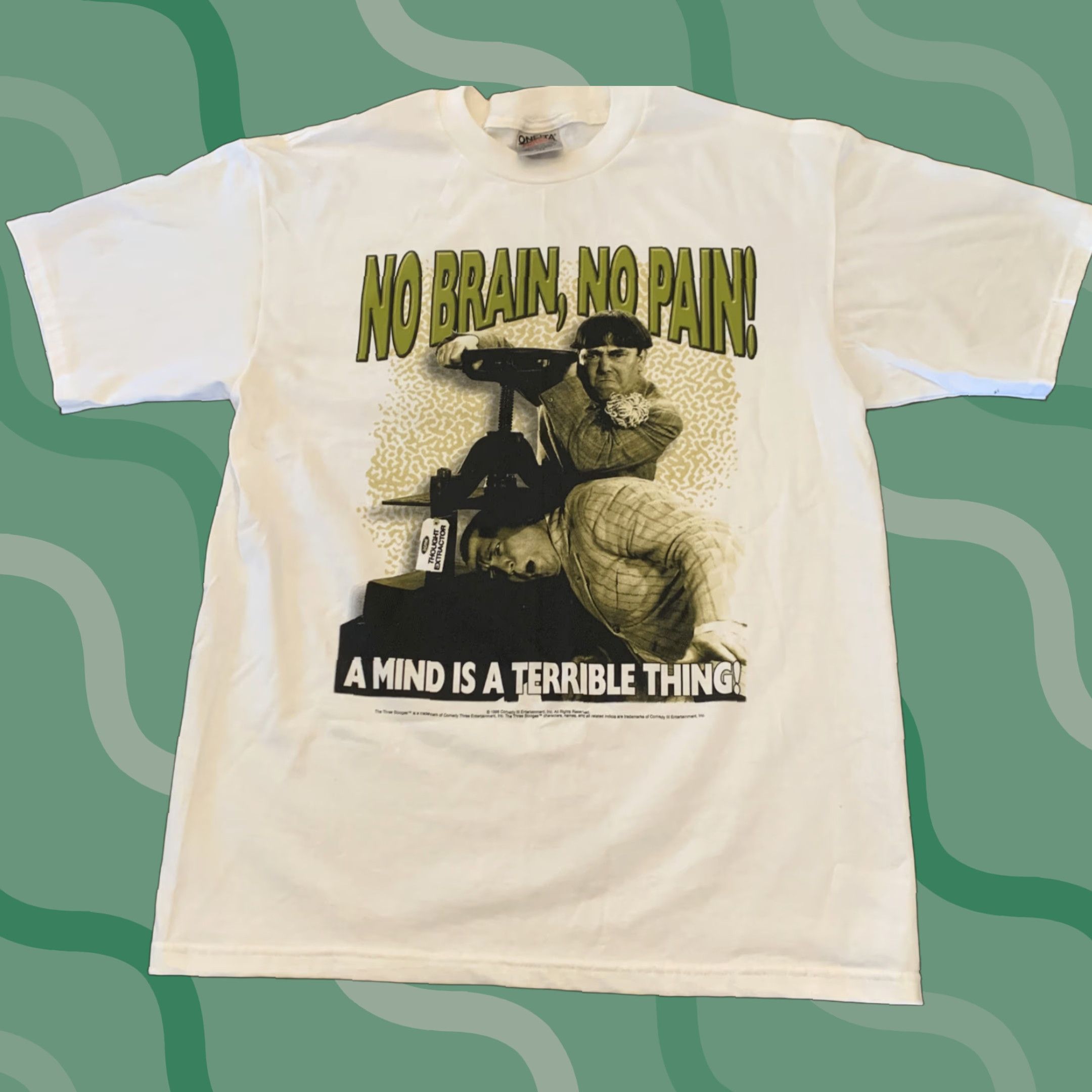 Fruit Of The Loom VINTAGE 1998 Three Stooges No Brain No Pain Graphic Tee Men’s Large White Retro Size US L / EU 52-54 / 3 - 1 Thumbnail