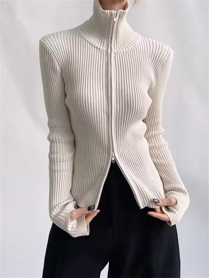 Japanese Brand Minimalist Full-Zip Ribbed Knit Turtleneck Sweater Size M / US 6-8 / IT 42-44 - 3 Thumbnail