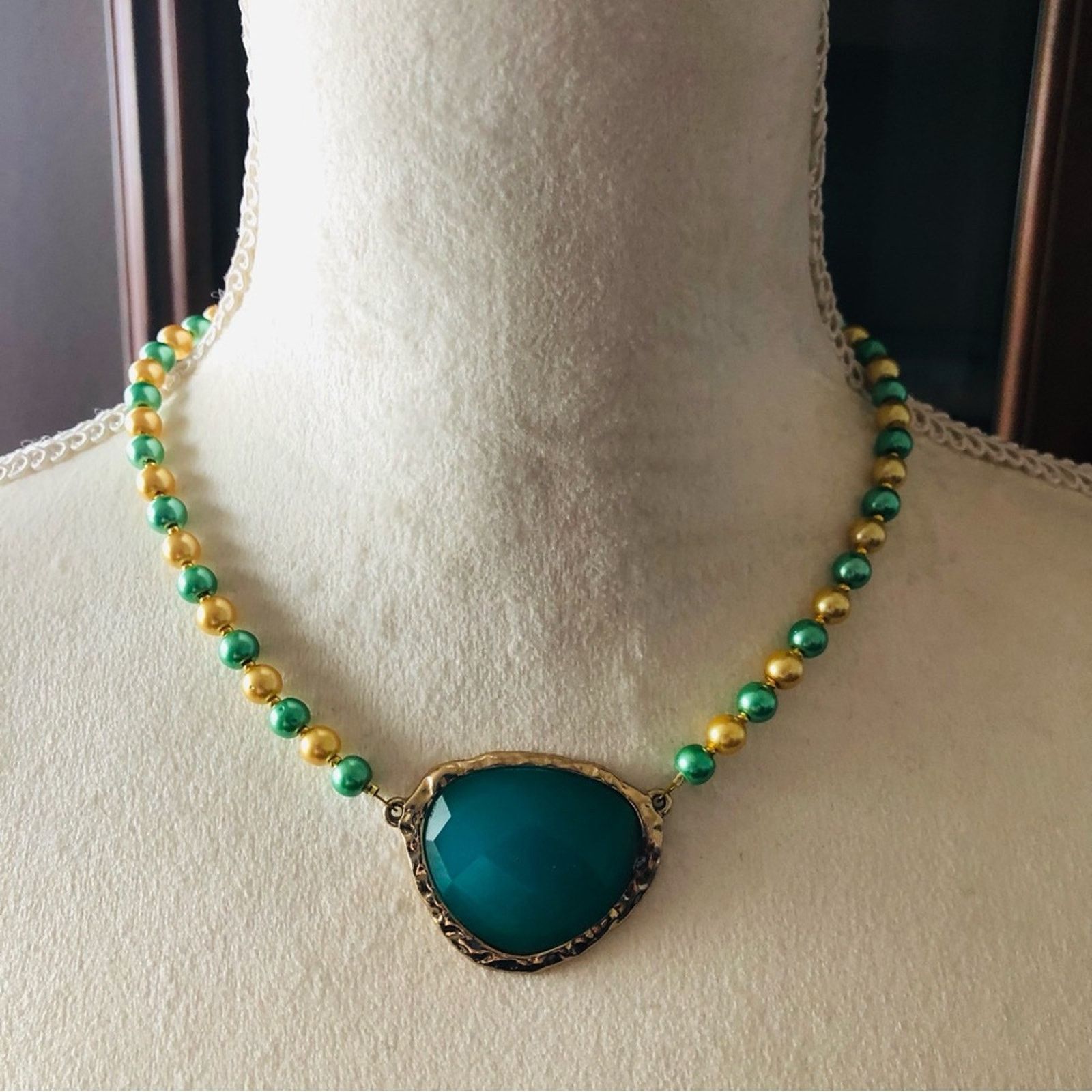 Handmade Handcrafted repurpose teal green dome glass Pearl necklace Size ONE SIZE - 2 Thumbnail