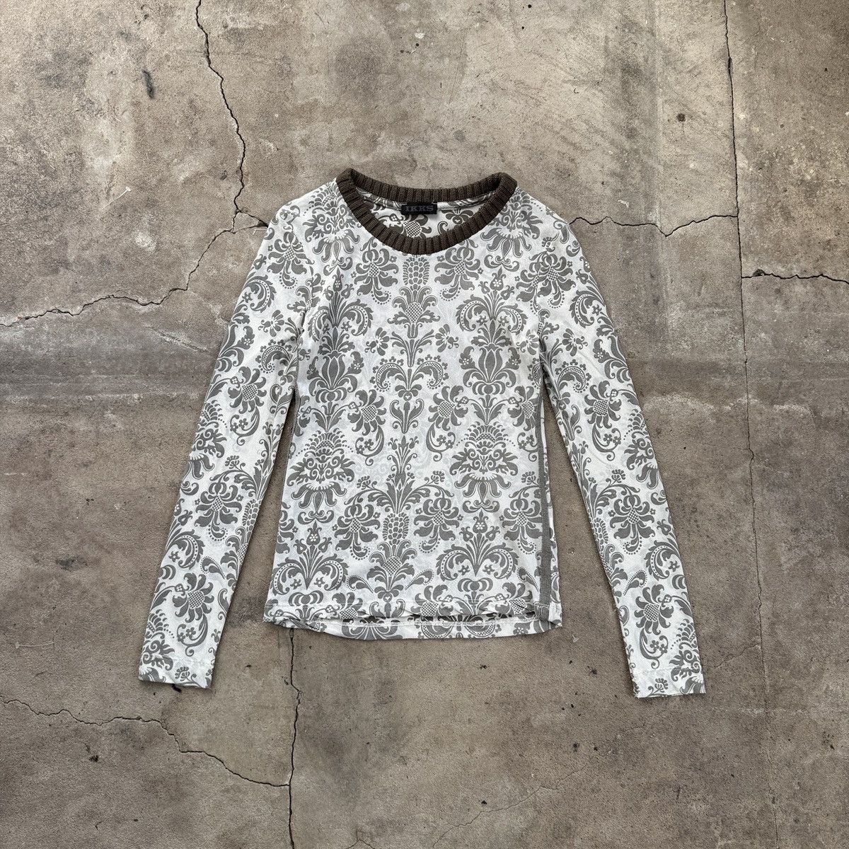 IKKS × Japanese Brand IKKS Mesh damask print long sleeve top with brown trim Size M / US 6-8 / IT 42-44 - 1 Thumbnail