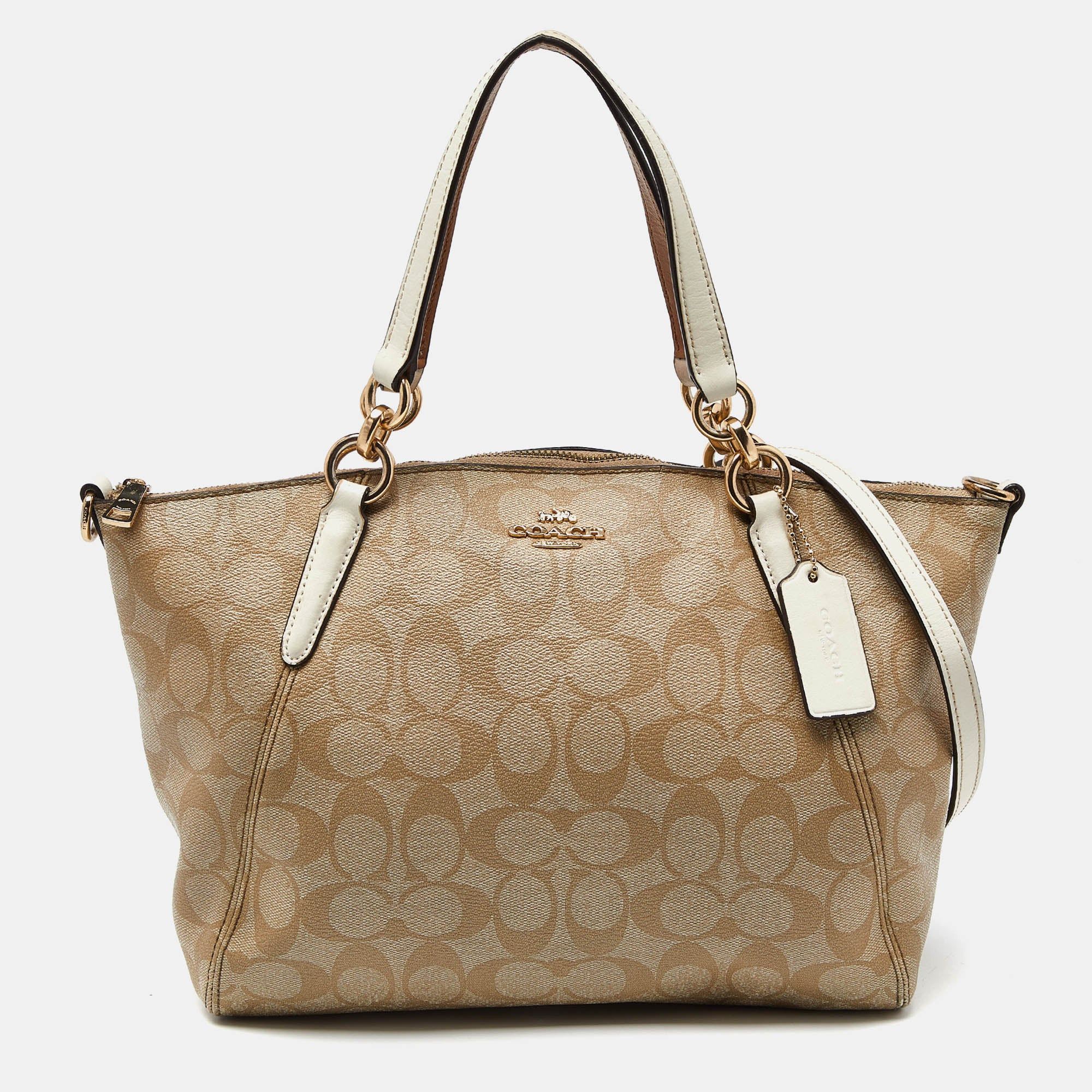 image of Coach Tri Color Signature Coated Canvas And Leather Small Kelsey Satchel in White, Women's