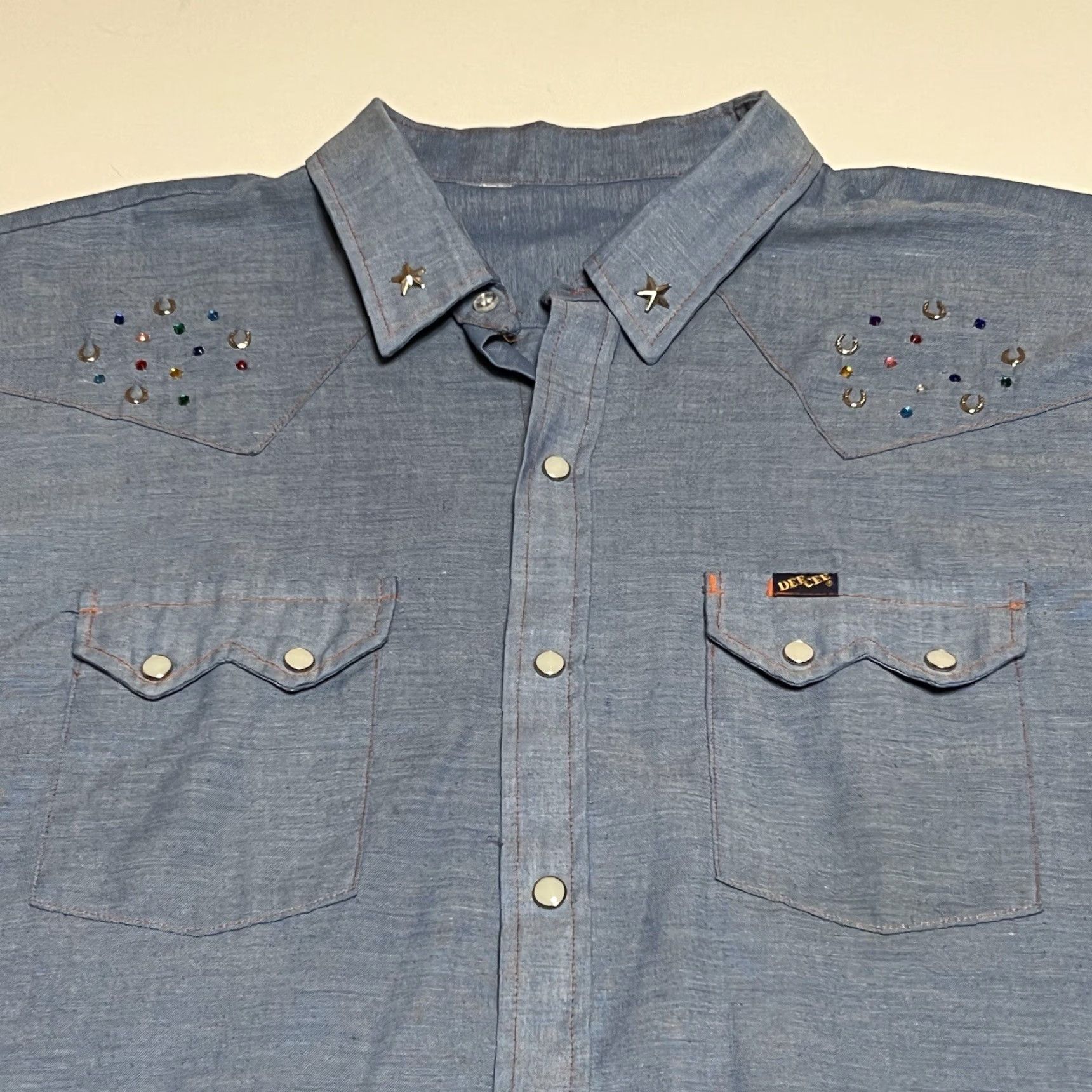 J Brand VINTAGE DEE CEE BRAND Western Shirt Cowboy Pearl Snap Blue Chambray 3XL Mens Shrt Sleeves Short Collared Snap Buttons Size US XXL / EU 58 / 5 - 2 Thumbnail