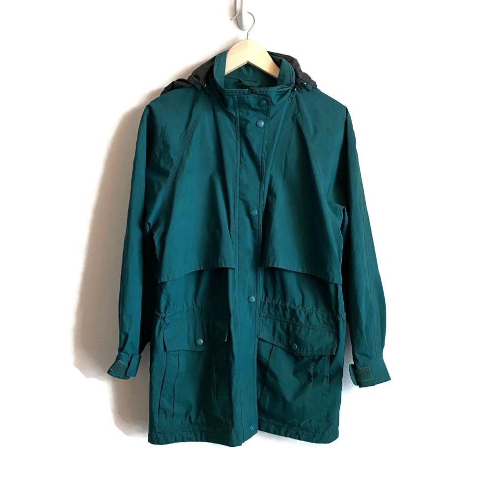 image of Eddie Bauer Womens Raincoat Wind Breaker Blue Teal Snap Hooded Shoulder Cape S in White (Size Small