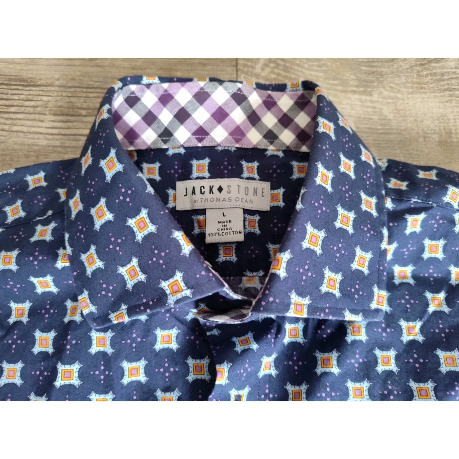 Vintage Vintage Jack Stone Men's Button-Up Shirt Large Blue Orange Geometric Pattern Casual 70s Preppy Two-Tone Size US L / EU 52-54 / 3 - 6 Thumbnail