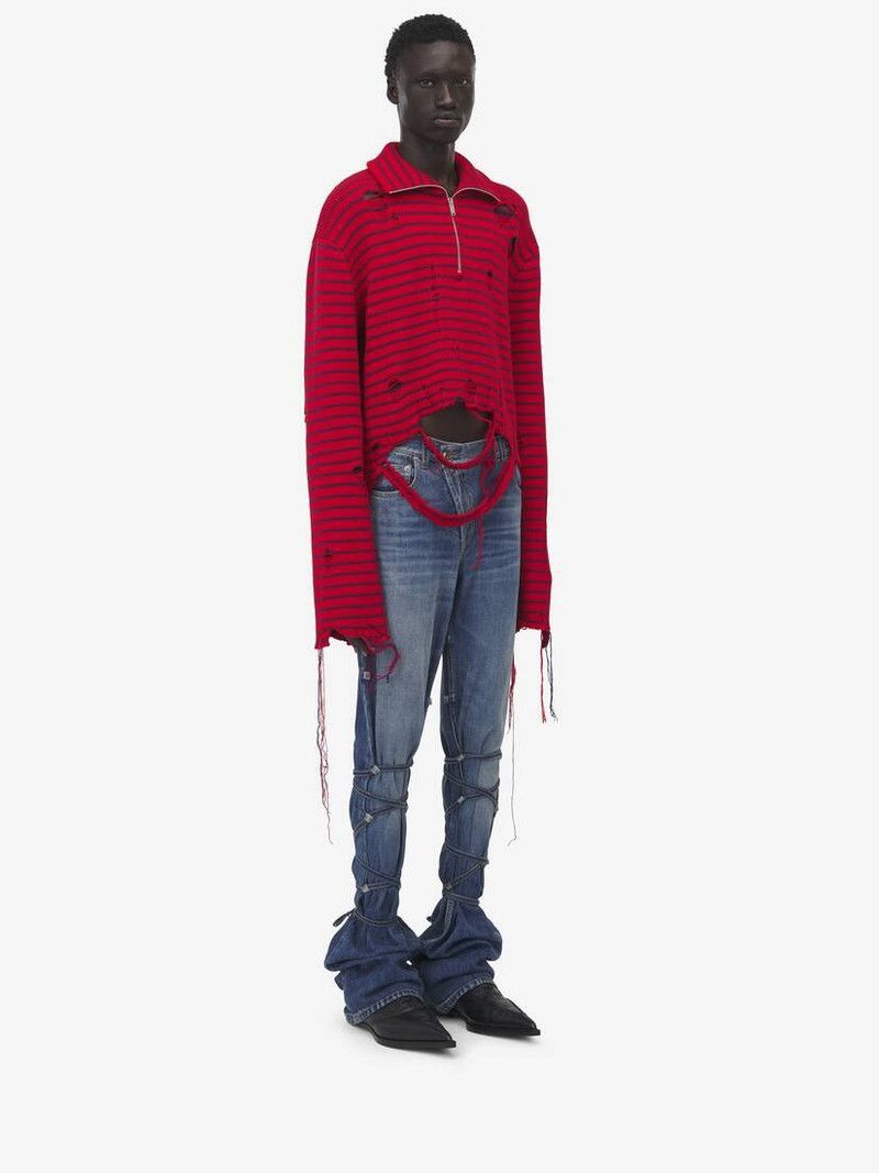Alexander McQueen o1srvl11e0226 Distressed Striped Jumper In Red/Navy Size US XL / EU 56 / 4 - 3 Thumbnail
