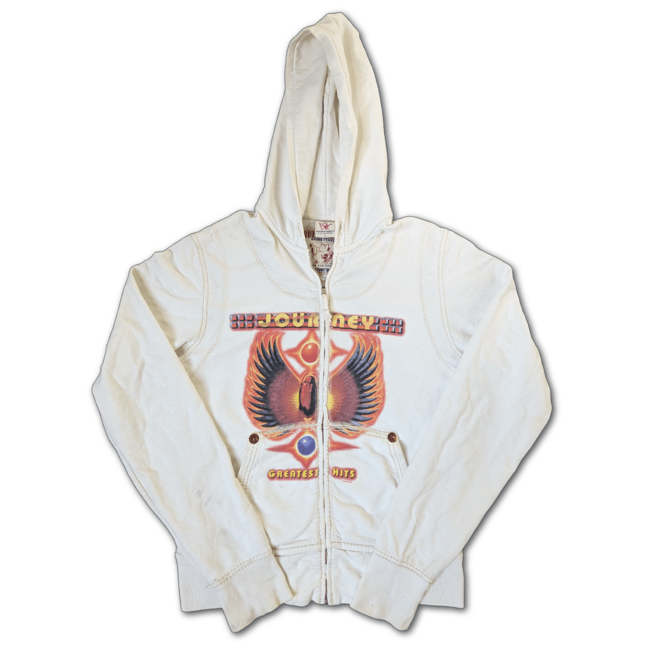image of Y2K Super True Religion Journey Zip Up Hoodie in White, Men's (Size Large)