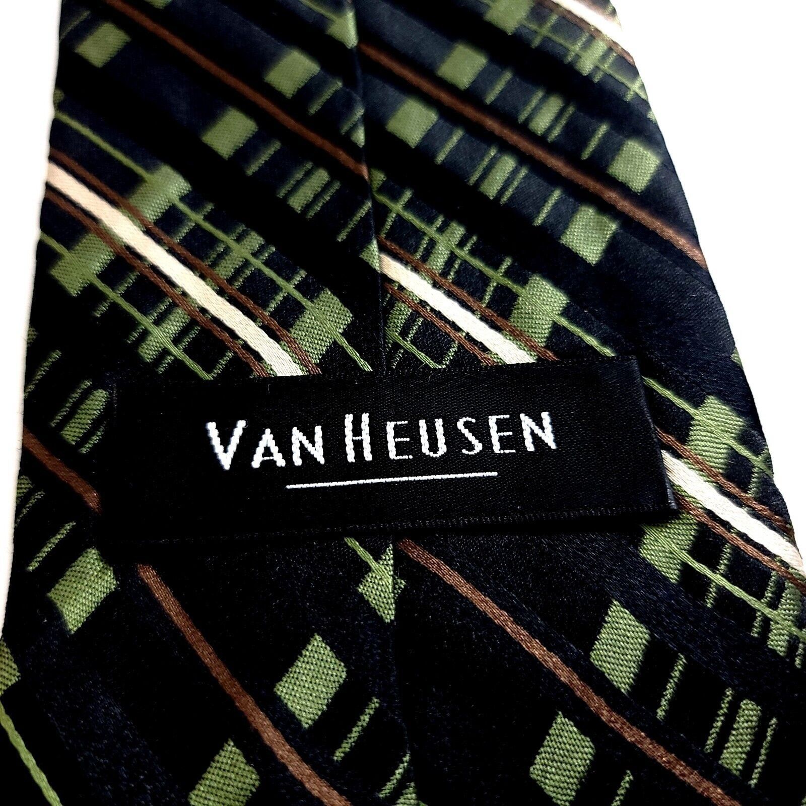 Van Heusen Van Heusen Green Black Plaid Woven Silk Tie Stain Resistant Size ONE SIZE - 3 Thumbnail