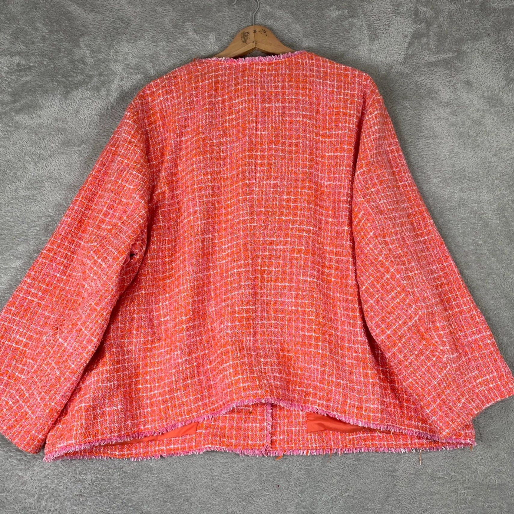 J. Jill VINTAGE J Jill Tweed Jacket Womens 4X Orange Pink Plaid Fringe Trim Button Front Coat Size XXL / US 16-18 / IT 52-54 - 6 Thumbnail