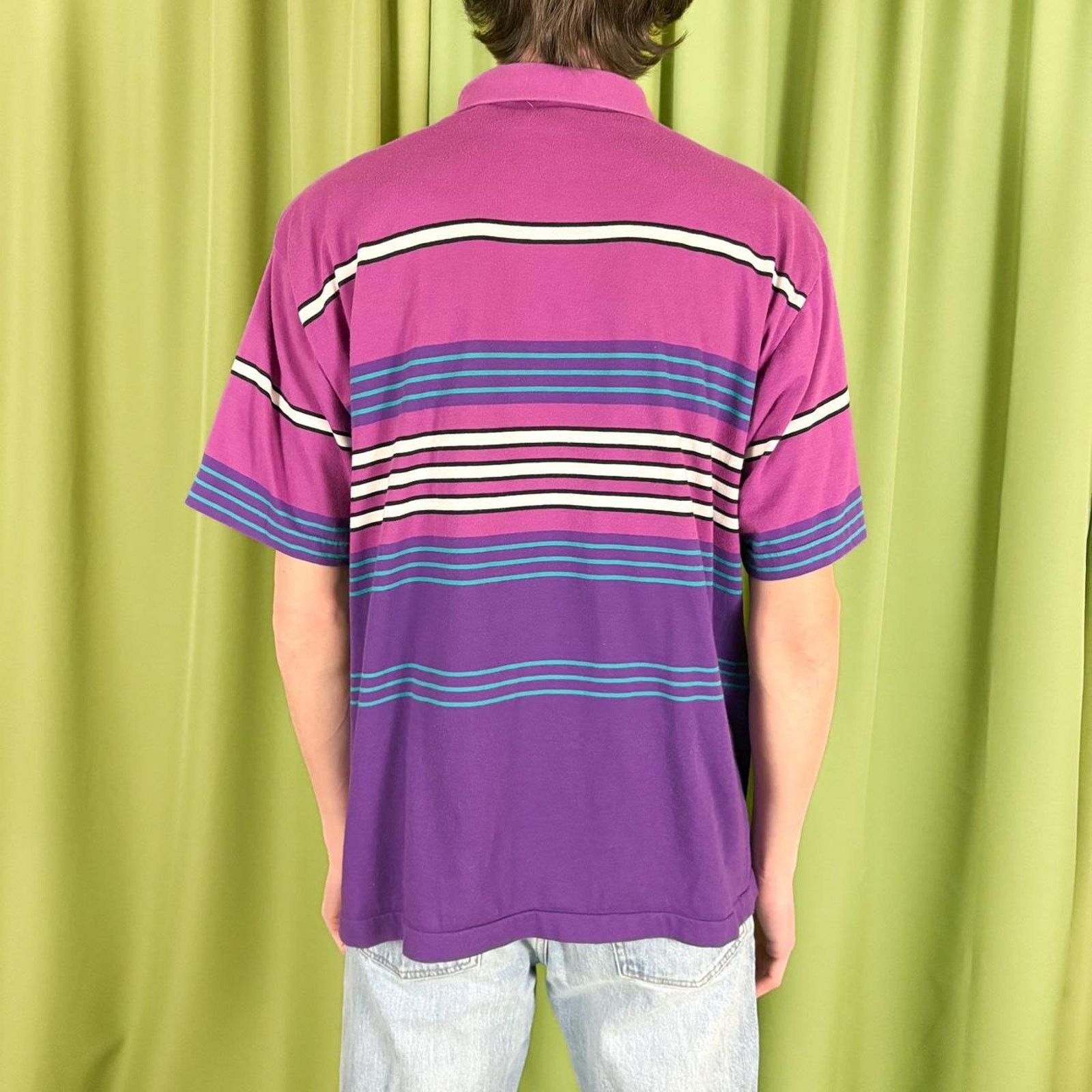 Vintage 80s Vintage Purple and Blue Horizontal Striped Polo Shirt Size US L / EU 52-54 / 3 - 4 Thumbnail
