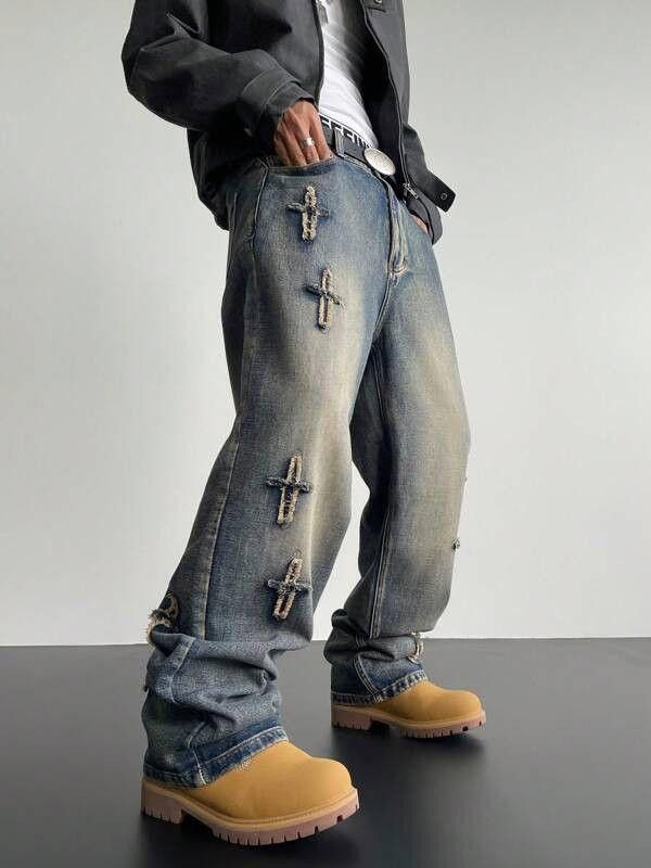 Cross Embroidery Baggy Wide Leg Jeans