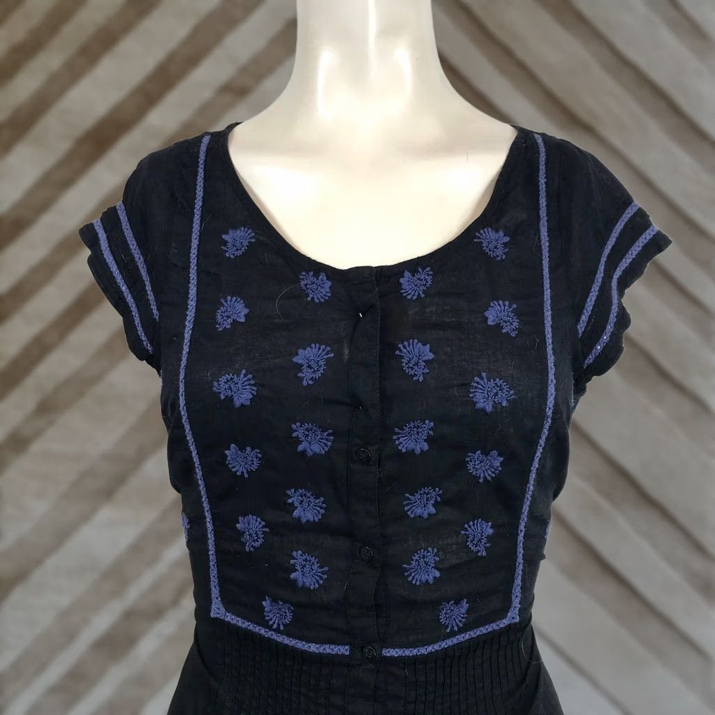 Free People Free People Blouse Black Blue Floral Embroidered Smocked Waist Button Front Cap Sleeve Top Size 10 Women Size L / US 10 / IT 46 - 1 Thumbnail