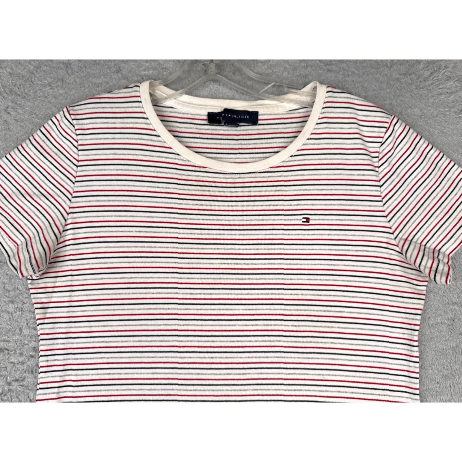 Tommy Hilfiger VINTAGE Tommy Hilfiger Shirt Women L Red Gray Stripe Crew Cotton Short Sleeve Logo, 90s, Designer, American, Casual Womens Size L / US 10 / IT 46 - 4 Thumbnail