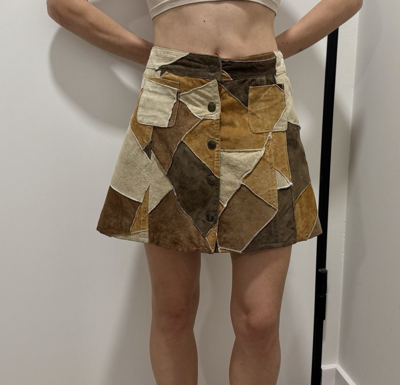 Vintage Vintage 2000s Fishbone Skirt Patchwork Leather Womens y2k Size 26" / US 2 / IT 38 - 1 Thumbnail