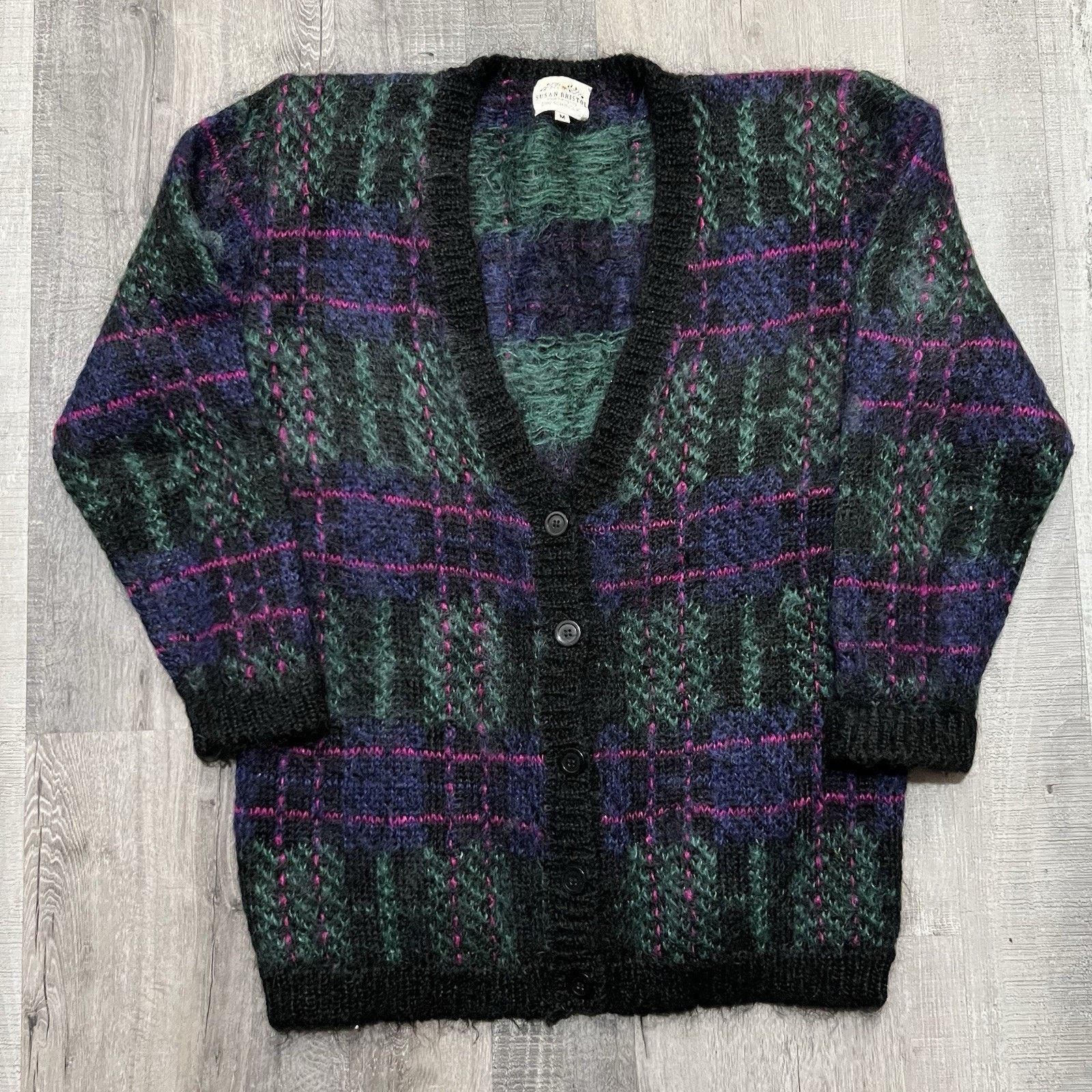 Vintage VTG Susan Bristol Mohair Cardigan Sweater Plaid 90s Knit M Size M / US 6-8 / IT 42-44 - 1 Thumbnail