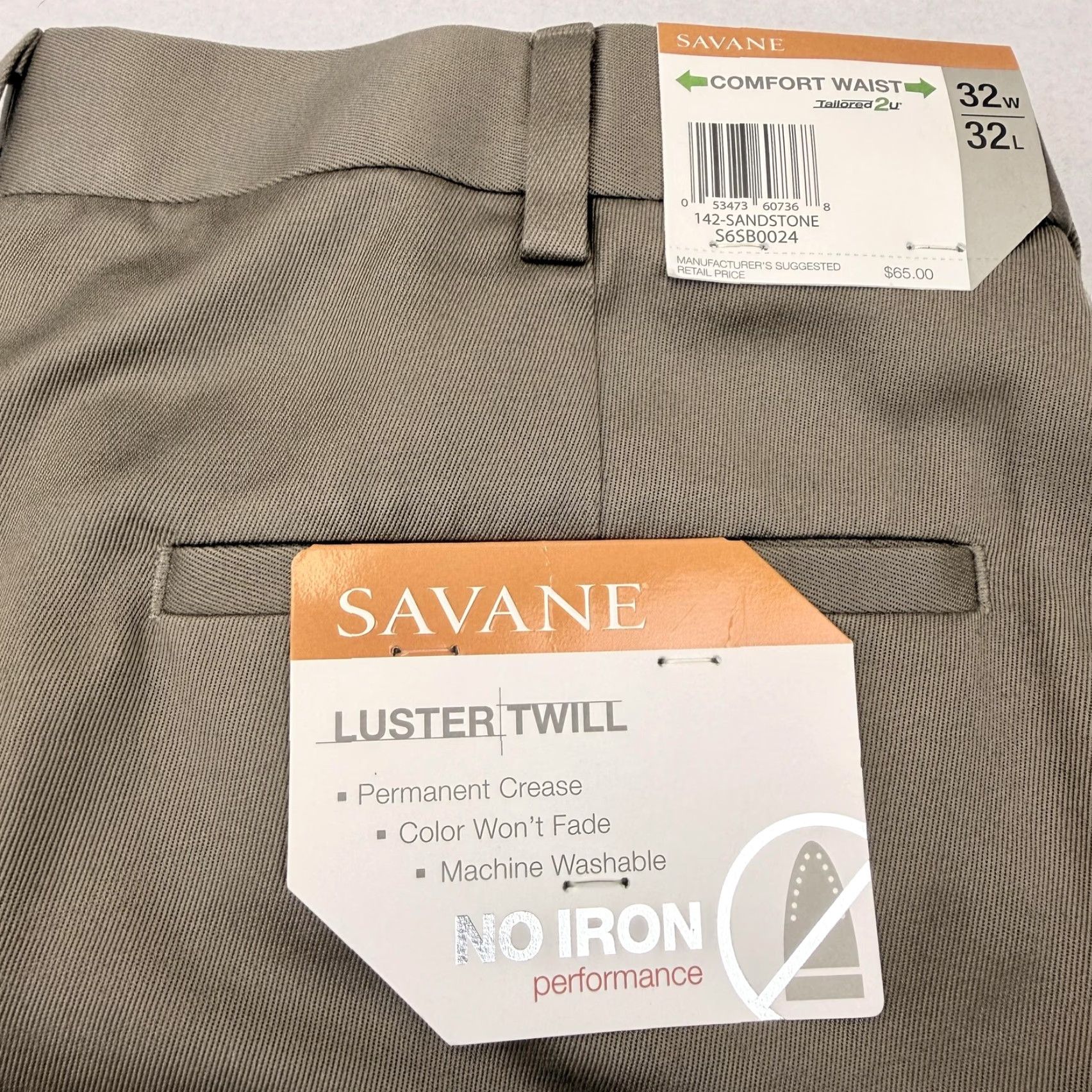 Savane Savane Khakis Pants Mens 32x32 Beige Comfort Waist Luster Twill No Iron Size US 32 / EU 48 - 2 Thumbnail