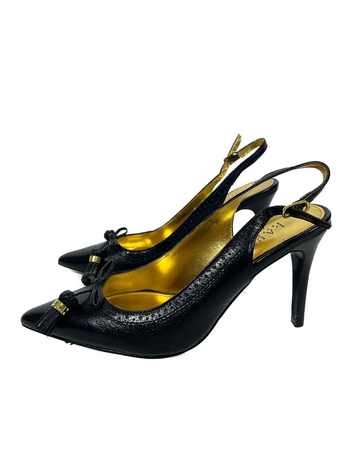 image of Polo Ralph Lauren Ralph Laurent Women Black Gold Heel Shoes Straps Size 36 NWOT