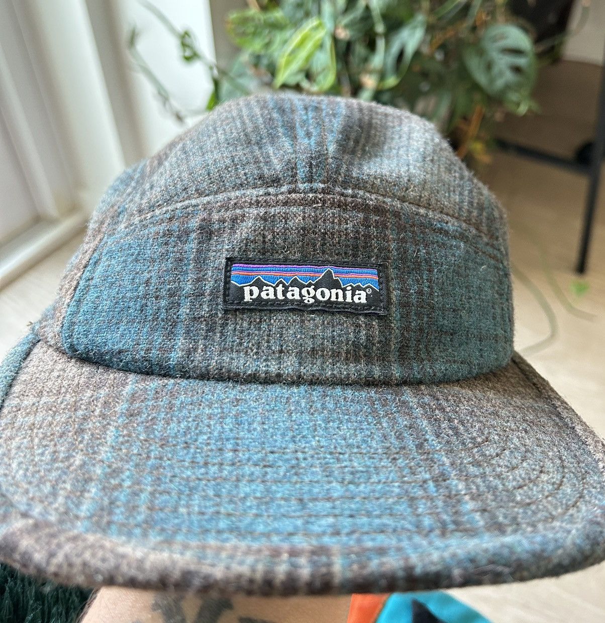 RARE PATAGONIA WOOL BLEND BROWN PLAID STRAP 5-PANEL CAMP HAT