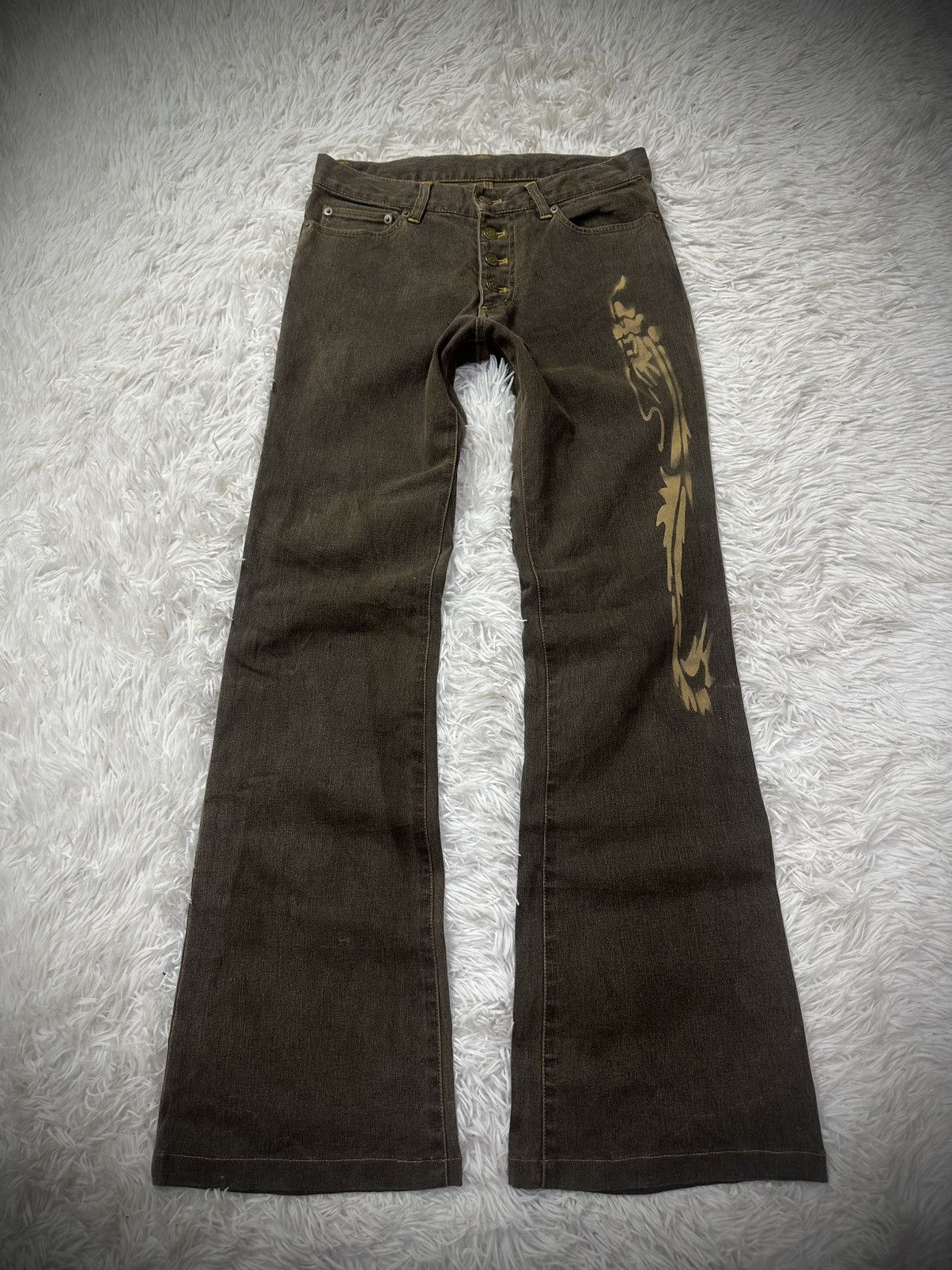 rare 2000s japanese brand TORNADO MART tribal flare jeans