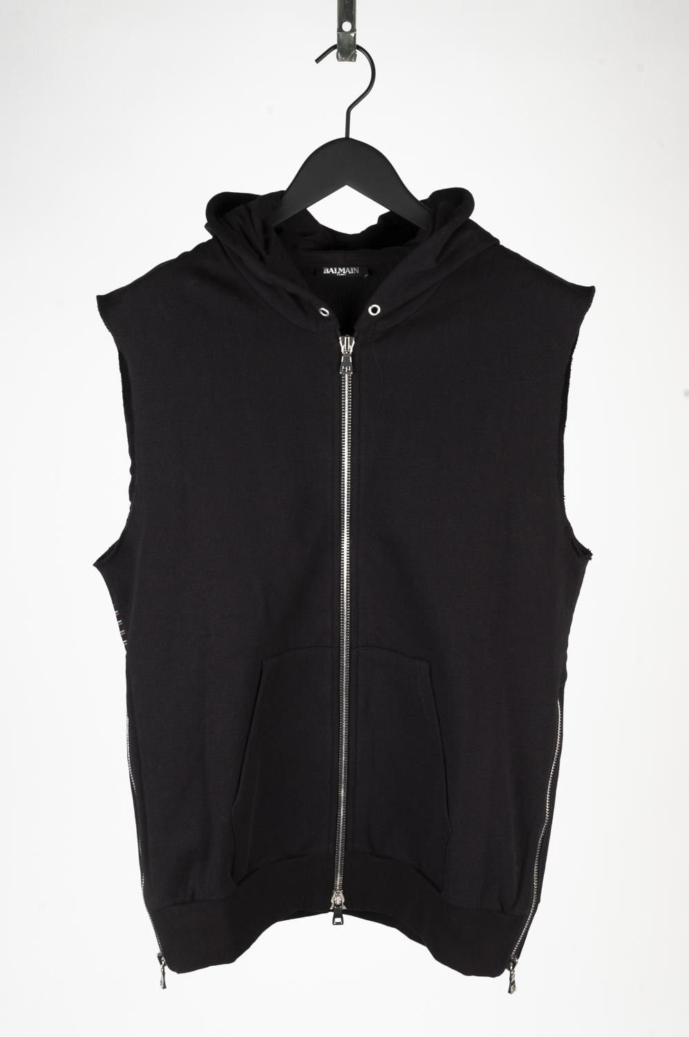 image of Balmain Men Black Hooded Sleeveless Jumper Size M, H4056