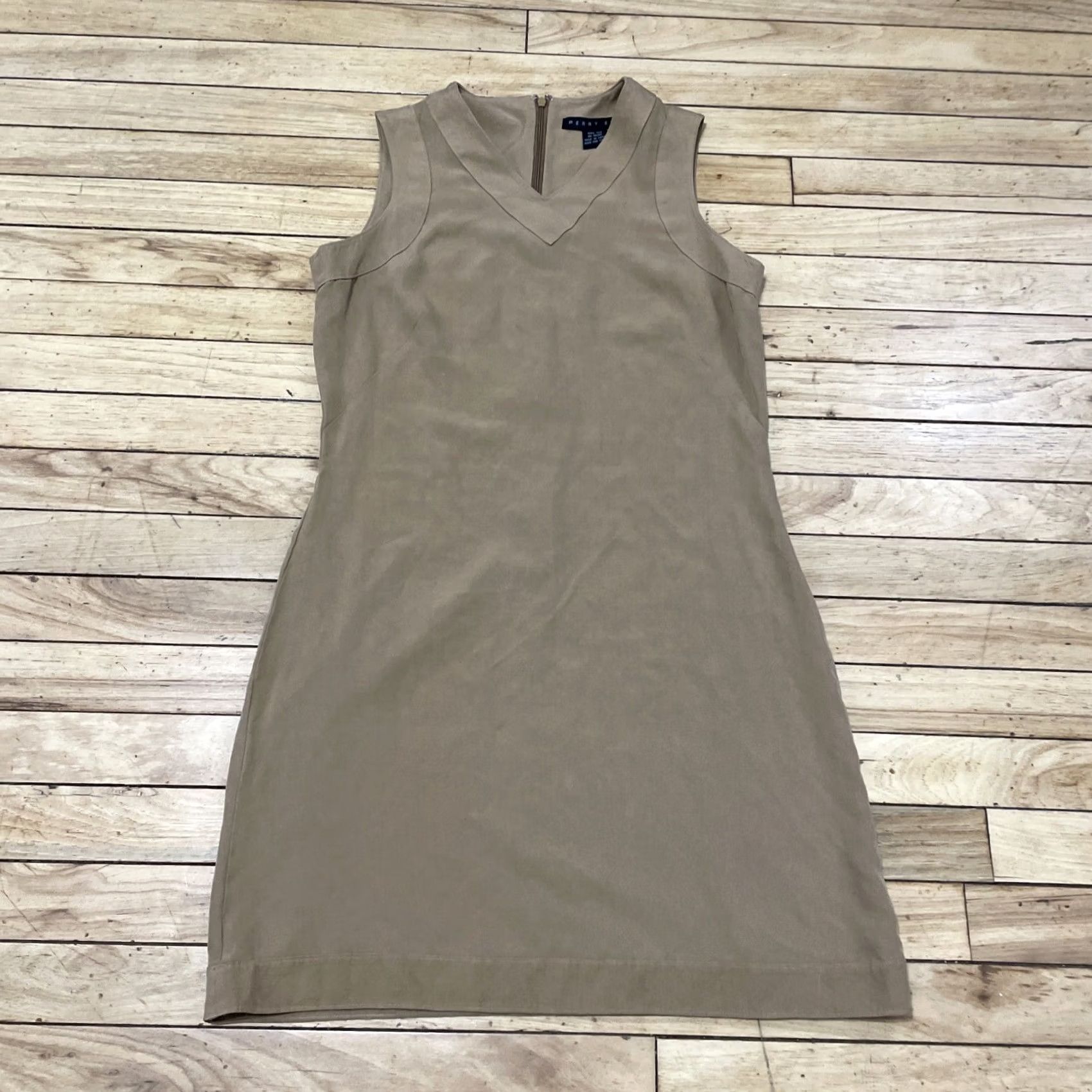 Perry Ellis Perry Ellis Silk Shift Dress Mini Sleeveless V-Neck Brown Tan 8P Office Academia Womens Size M / US 6-8 / IT 42-44 - 4 Thumbnail