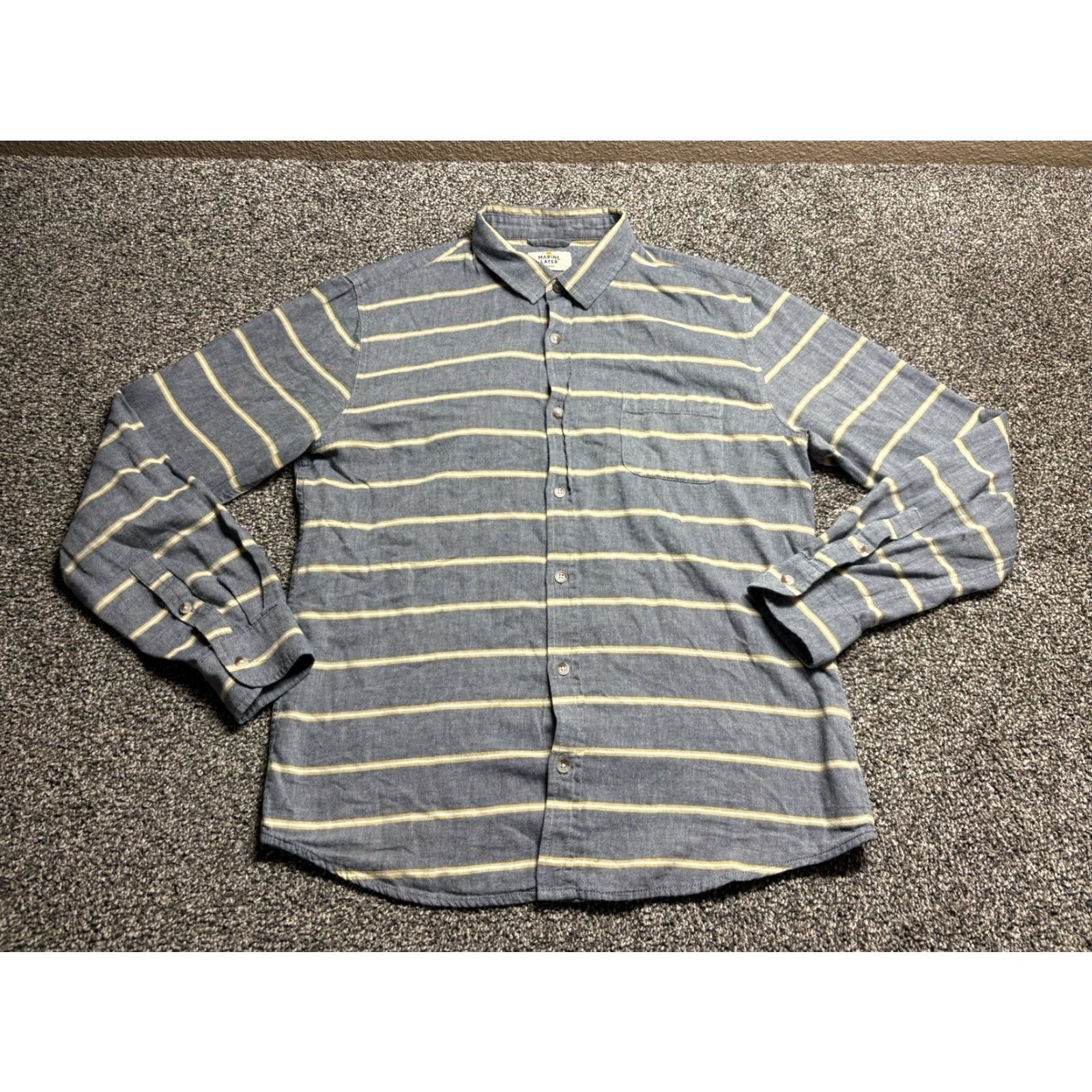 Marine Layer Marine Layer Shirt Mens M Blue Yellow Stripe Button-Up Short Sleeve Cotton Spun? Size US M / EU 48-50 / 2 - 3 Thumbnail