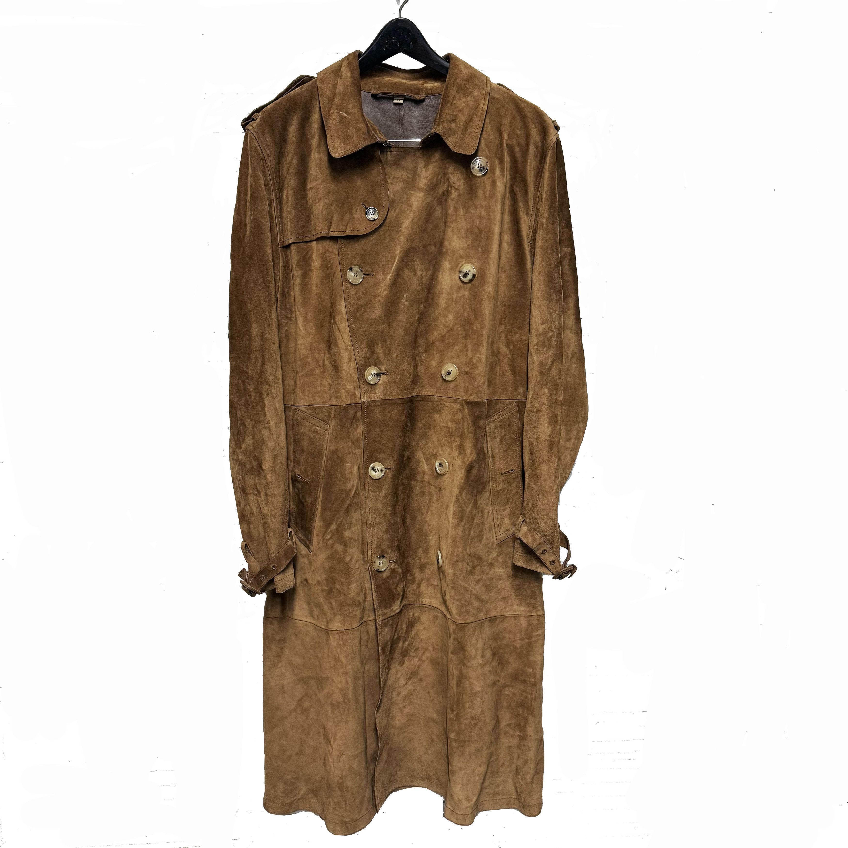 image of $7500 Burberry Men's Calf Suede Trench Coat in Brown (Size Large)